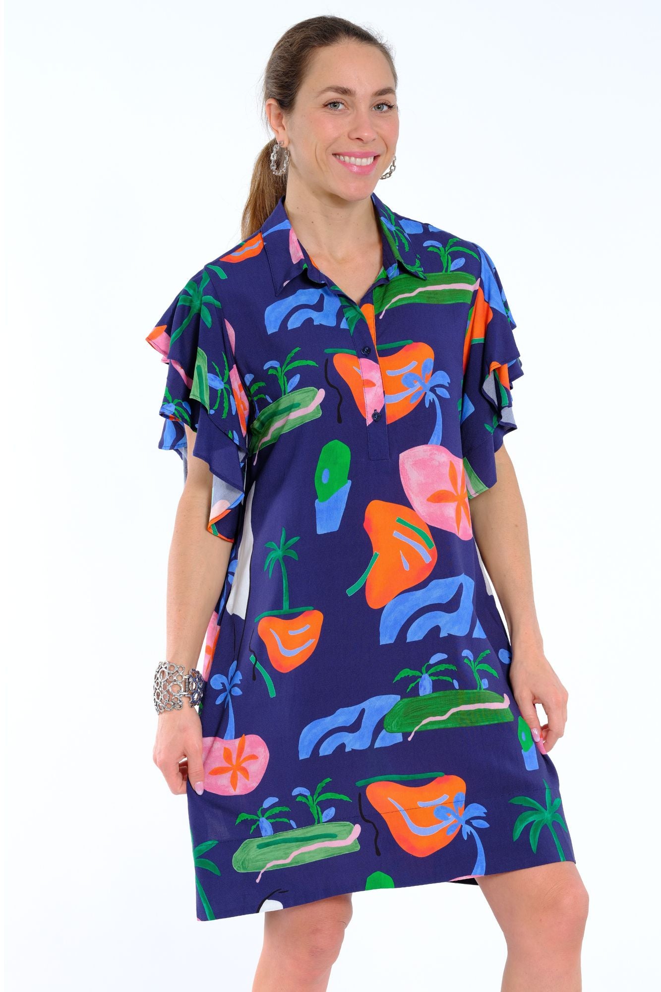 LIOR Ace women’s printed dress front view with colorful pattern