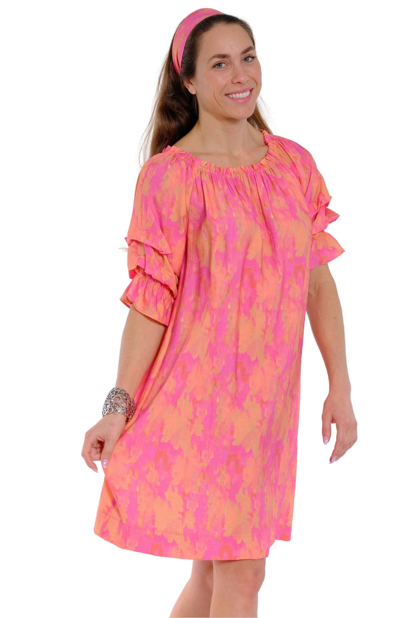 Pink knee length ruffle dress for women with stylish ruffle sleeves