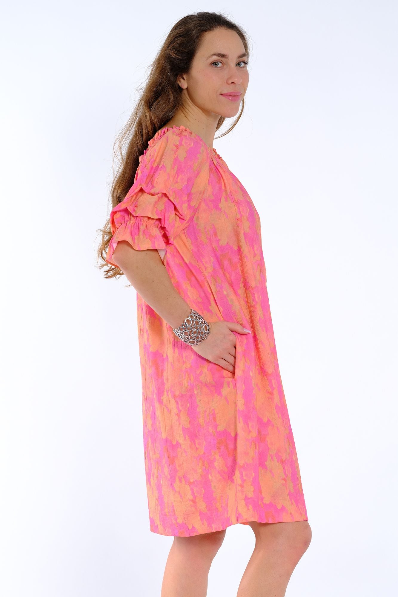 Blush pink knee length dress for women with ruffle sleeve design