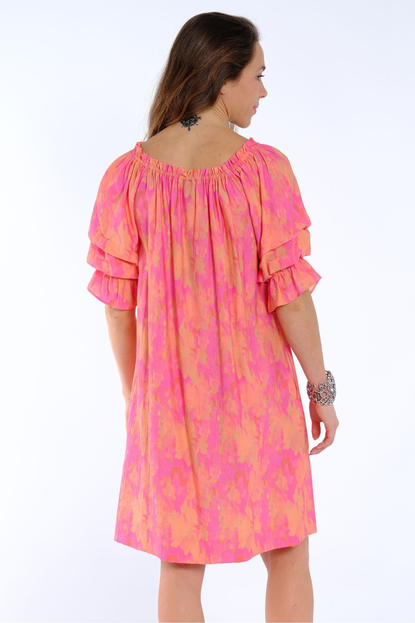 Women's pink ruffle sleeve dress in knee length style