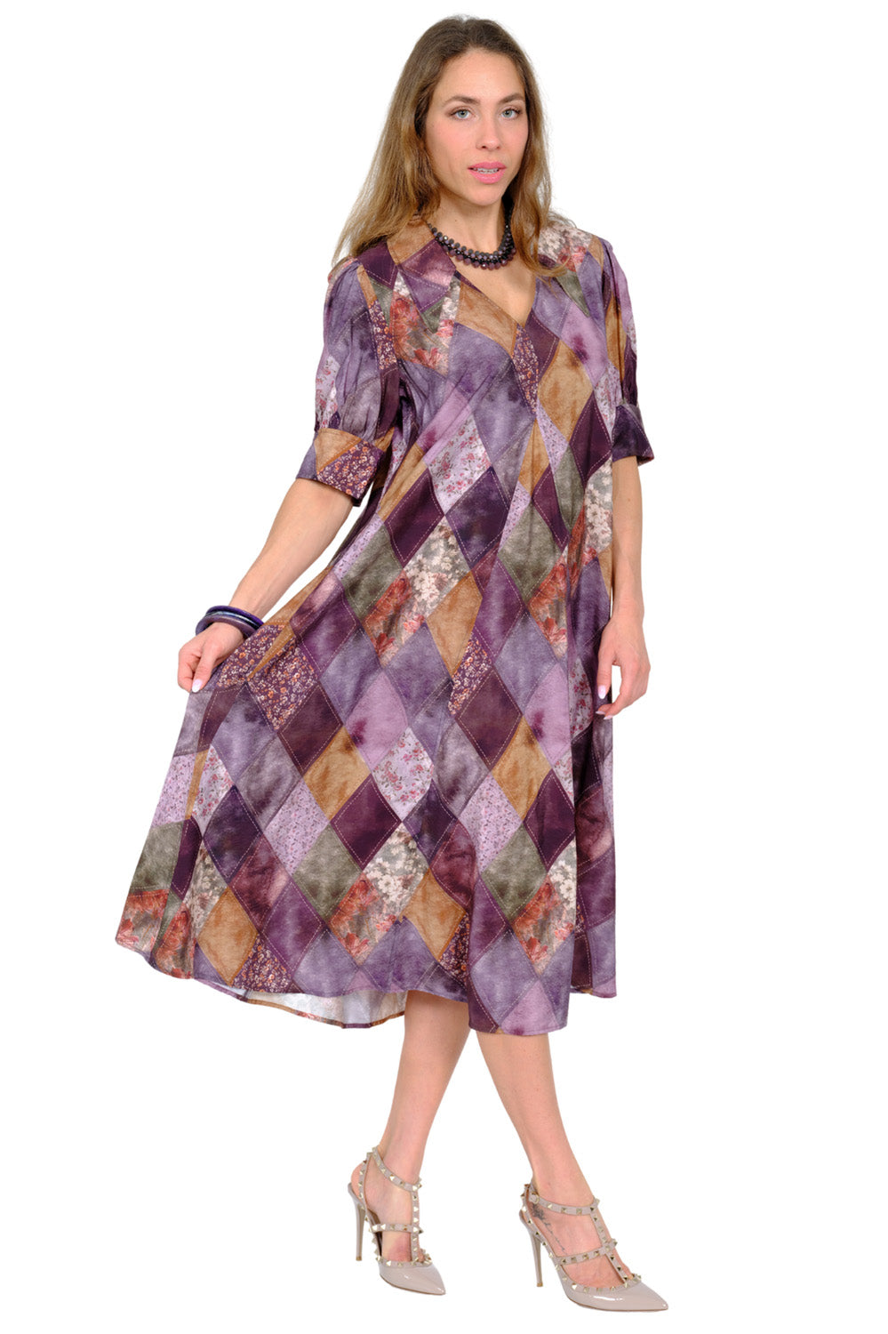 LIOR Women's Puff Sleeve Pointed Collar Dress – Patchwork Midi Statement Dress - "Amber"