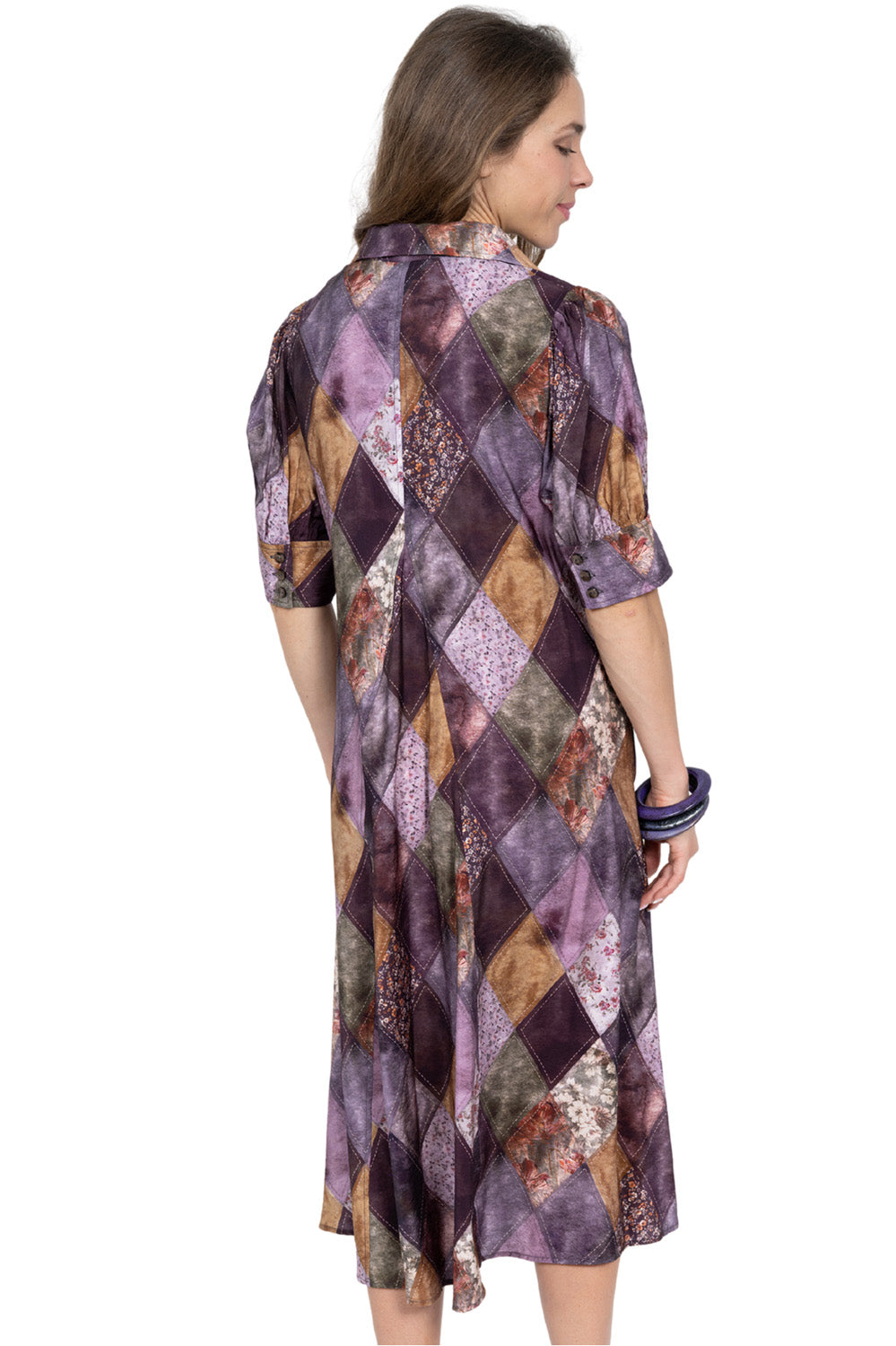 LIOR Women's Puff Sleeve Pointed Collar Dress – Patchwork Midi Statement Dress - "Amber"