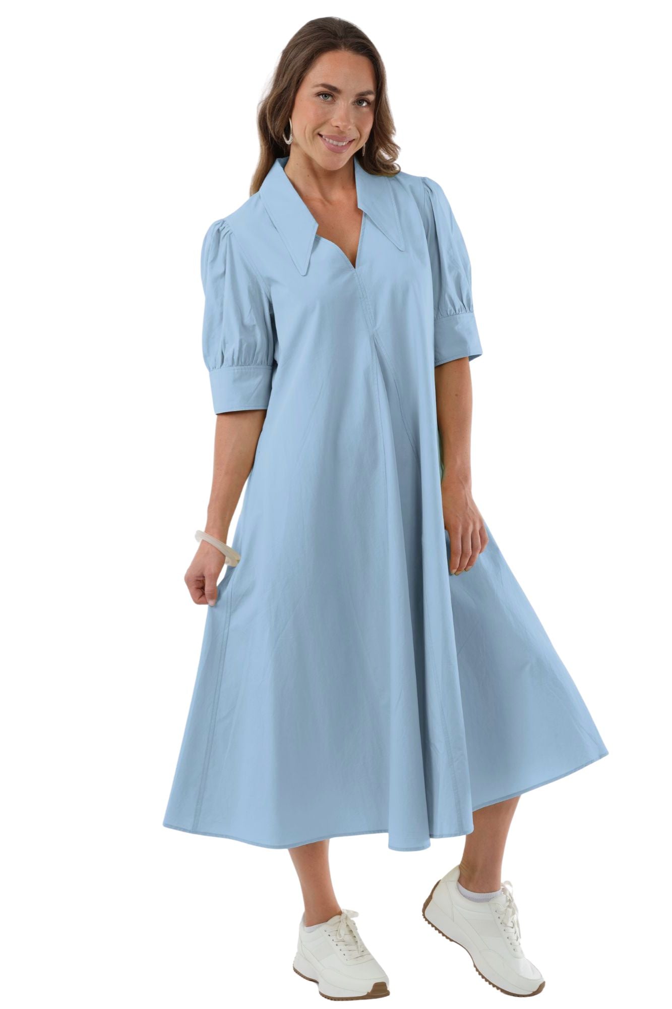LIOR Women's Long Pointed Collar Cotton Cornflower Dress With Puff Sleeves - "Amber"