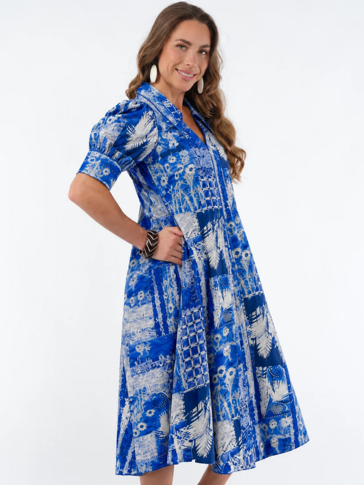 LIOR Women's Blue Lagoon Print Puff Sleeve Midi Dress With Pointed Collar - "Amber"