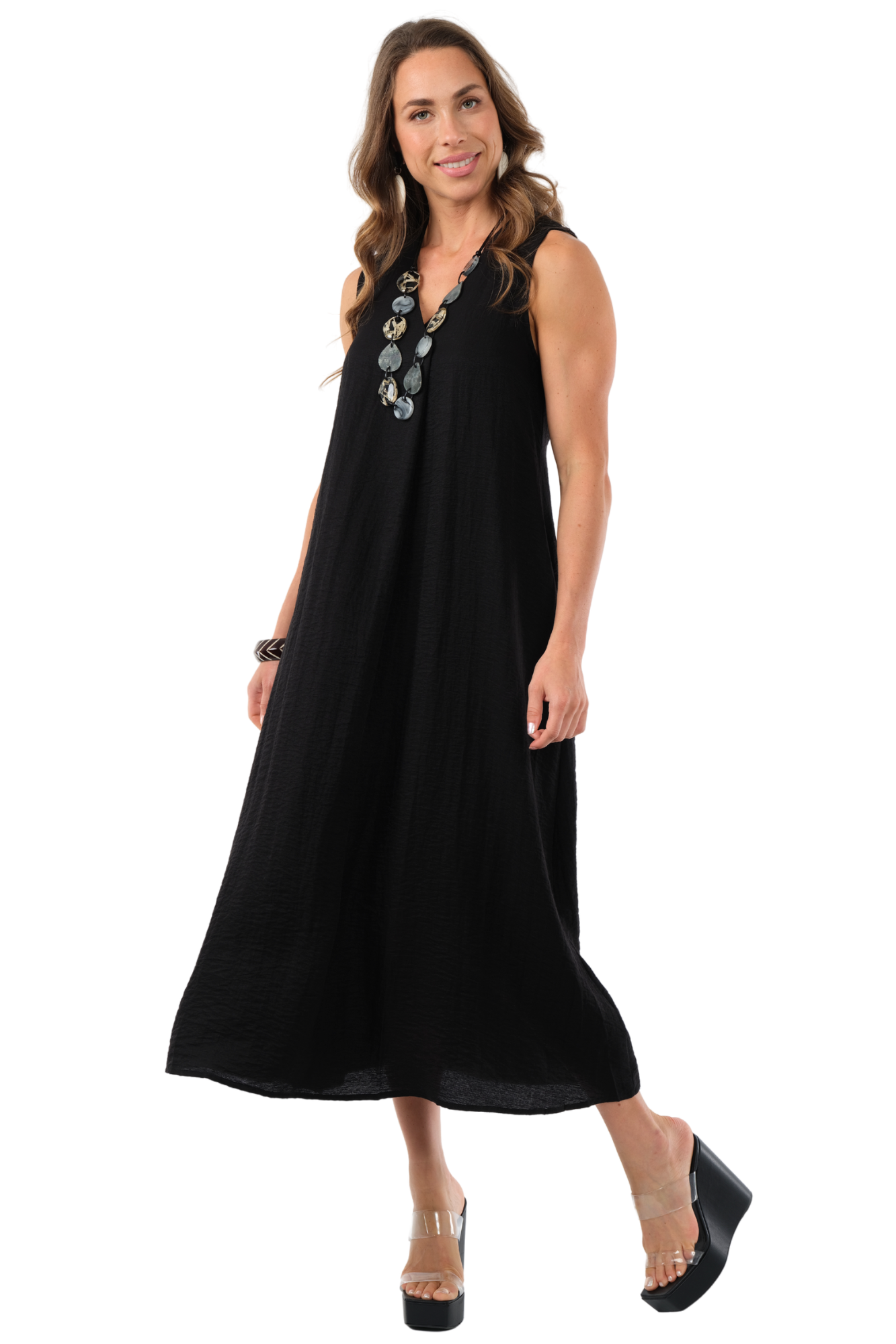 LIOR Women's Black Sleeveless Linen Midi Dress With Scrunched Back - "Amelia"