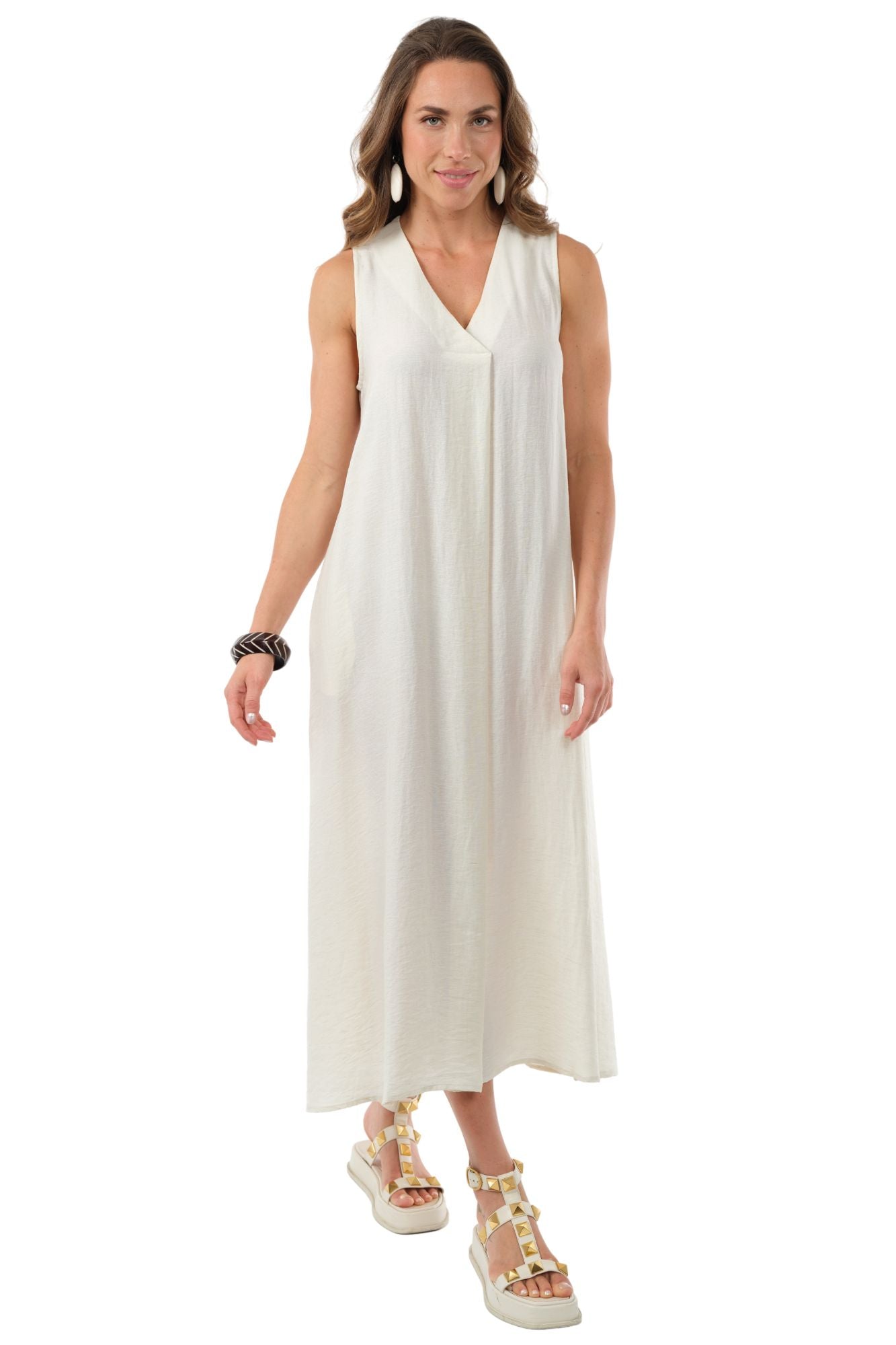 LIOR Women's Beige Sleeveless Linen Midi Dress With Scrunched Back - "Amelia"