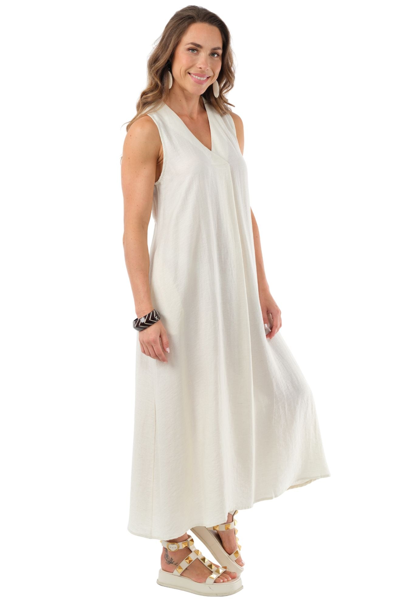 LIOR Women's Beige Sleeveless Linen Midi Dress With Scrunched Back - "Amelia"