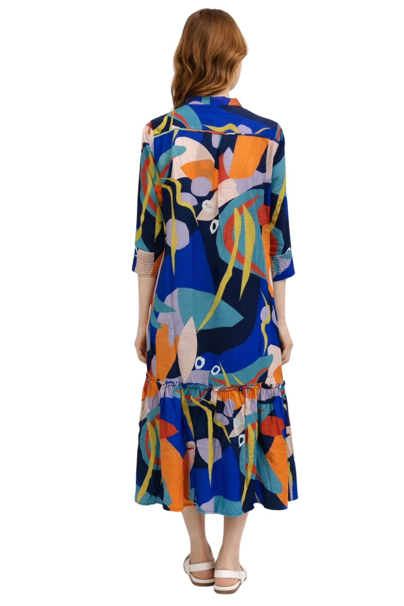 Women's coral blue maxi dress with 3/4 sleeves and collar design
