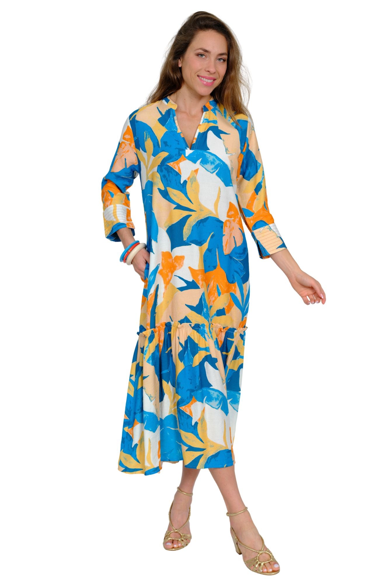Turquoise maxi dress for women with 3/4 cuffed sleeves and blue white print