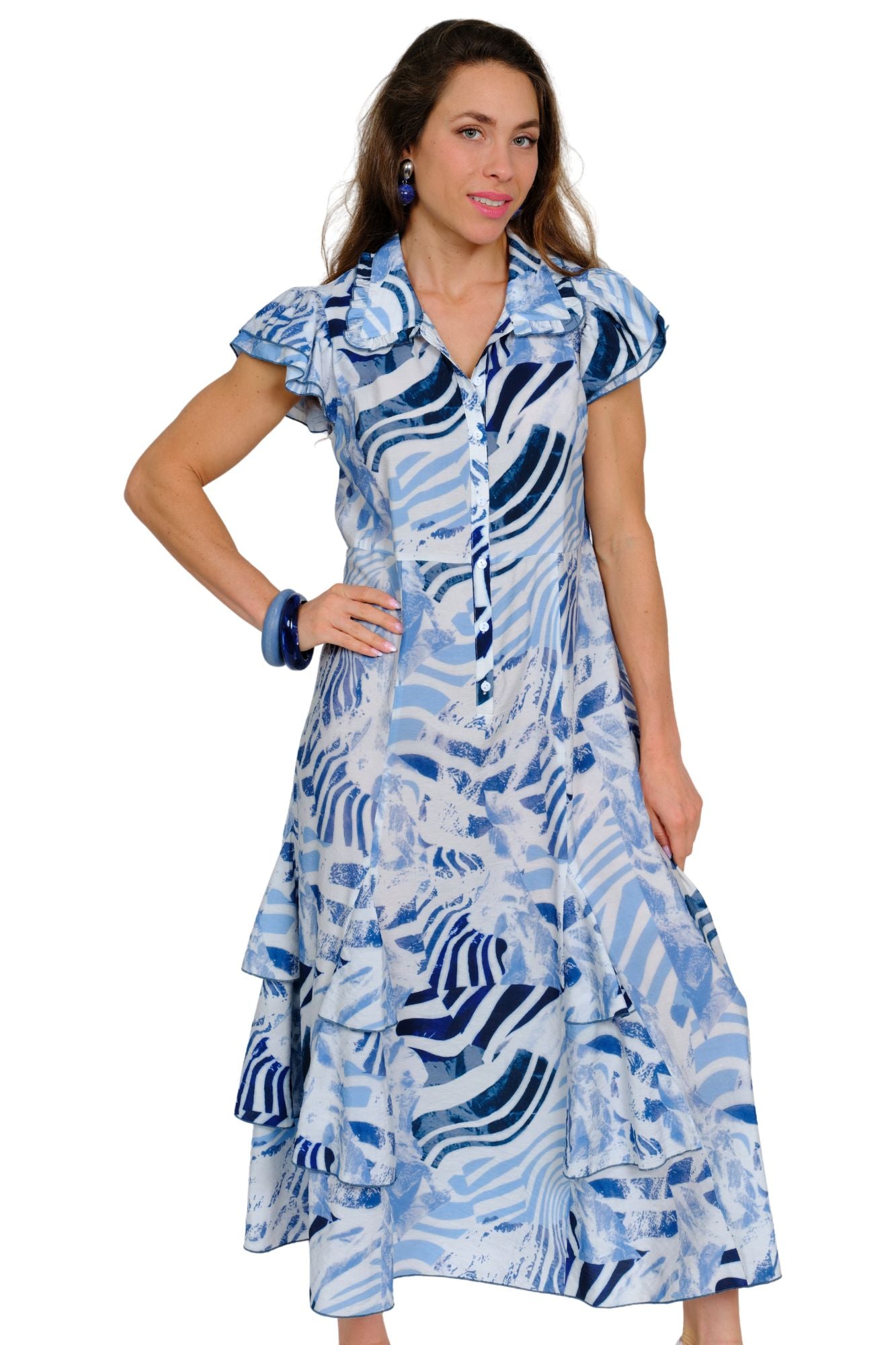 Blue printed casual maxi dress with ruffle sleeves