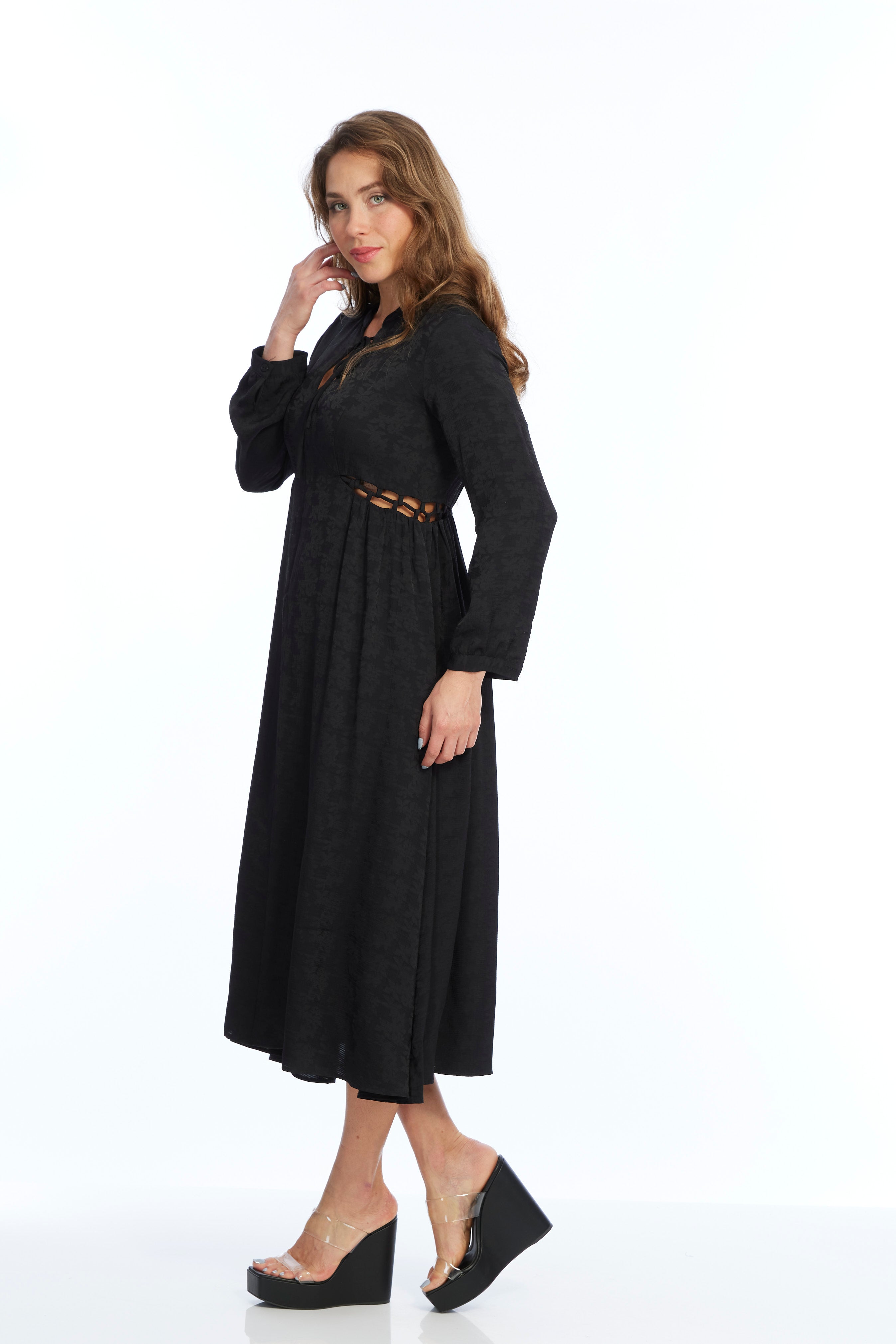 black jacquard dress with long sleeves