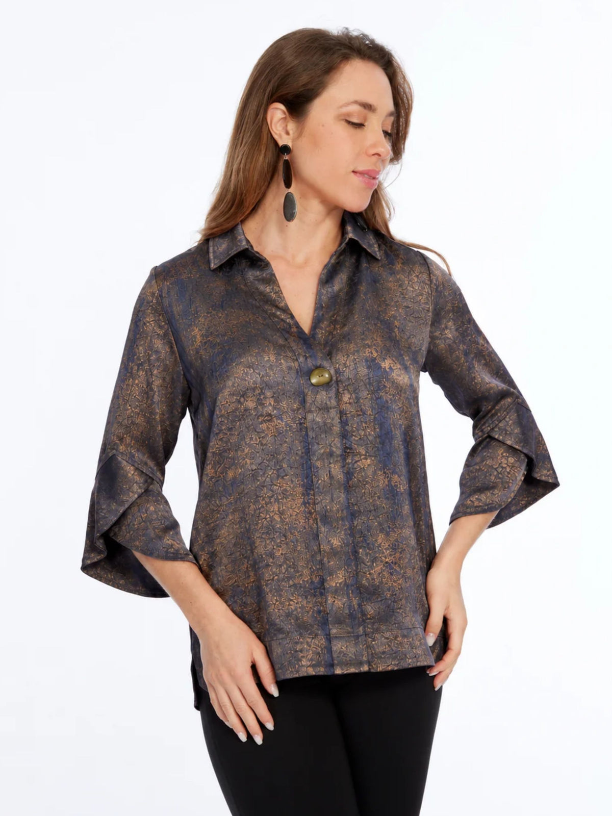 Women's Gold Foile 3/4 Tulip Sleeve Tunic Blouse With One Button Collar Neckline - "Belinda"