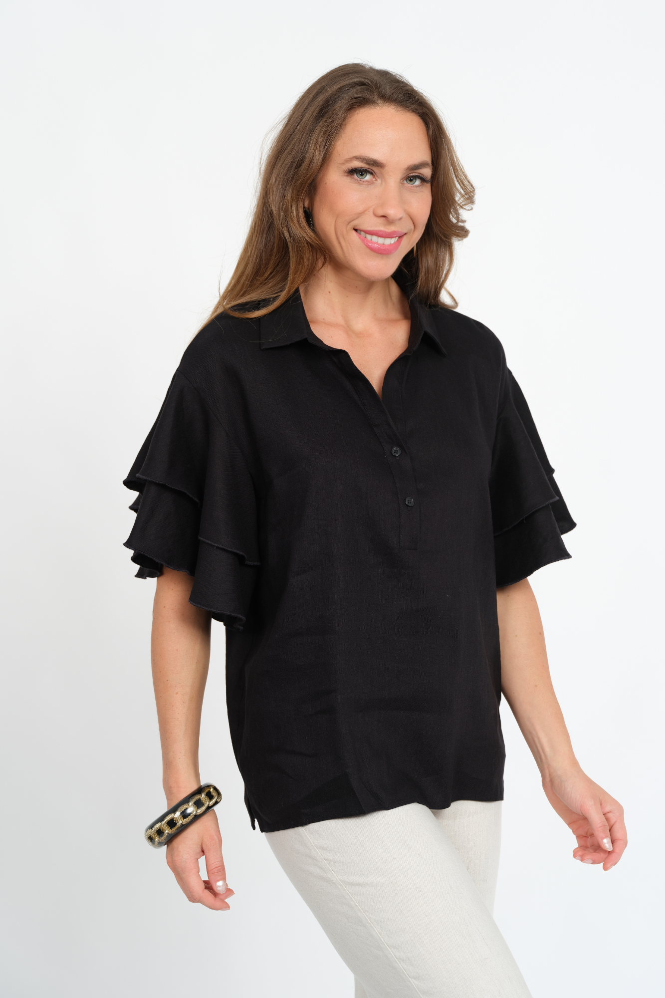 LIOR Women's Short Flounce Sleeve Linen Top With Collar - "Harmony"