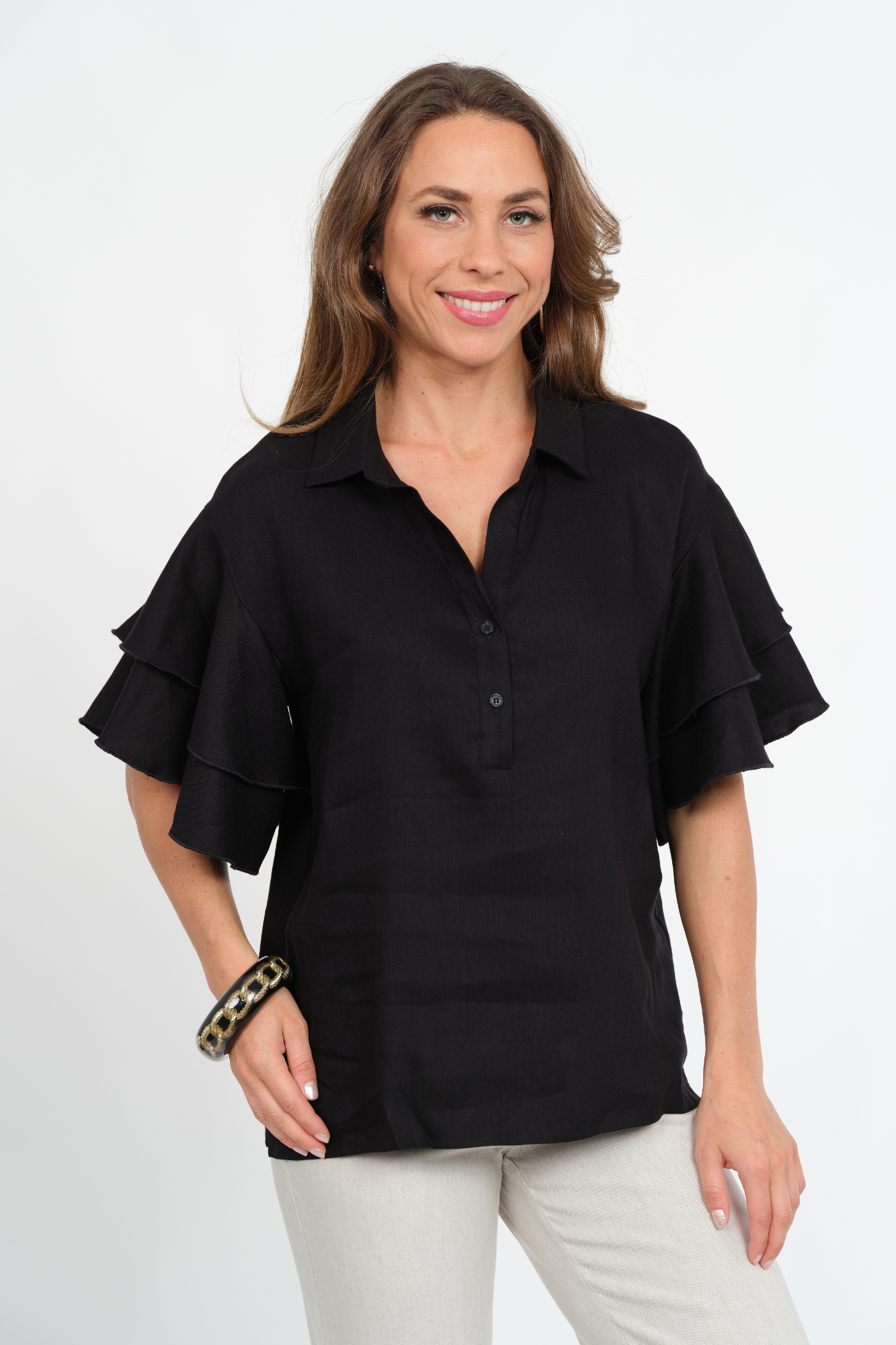 LIOR Women's Short Flounce Sleeve Linen Top With Collar - "Harmony"