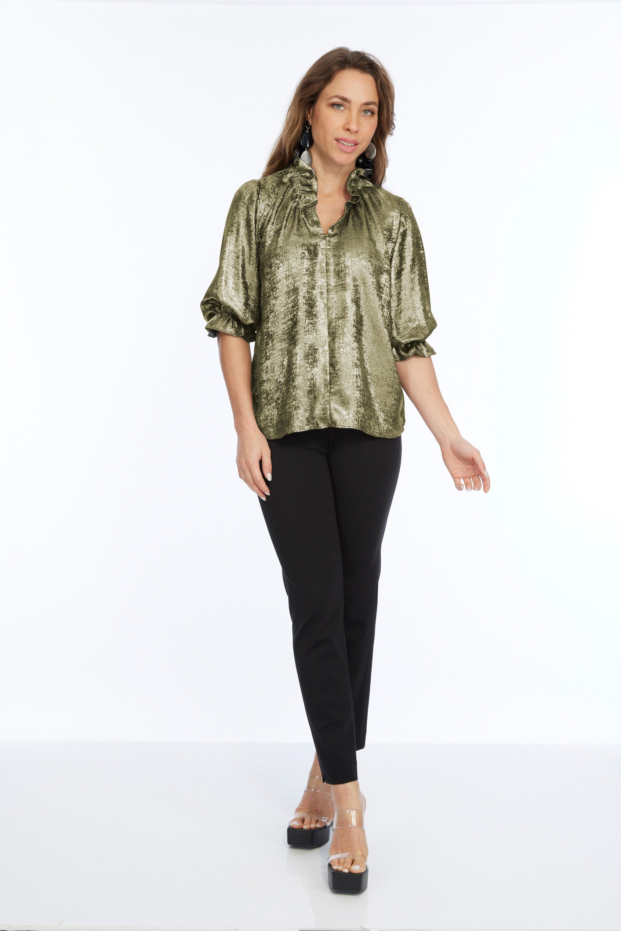 Women's Gold Ruffe Neck Metallic Blouse-"Blossom"