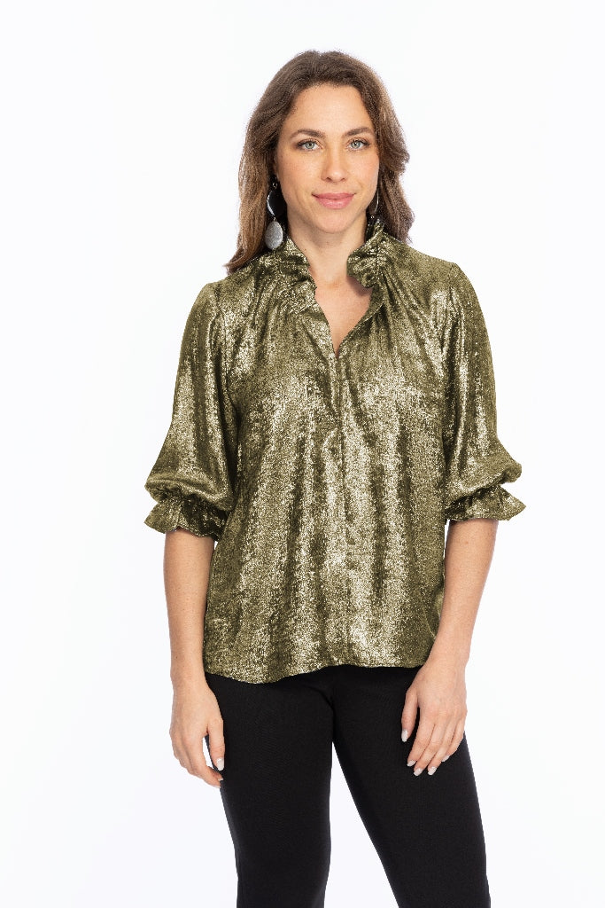 Women's Gold Ruffe Neck Metallic Blouse-"Blossom"