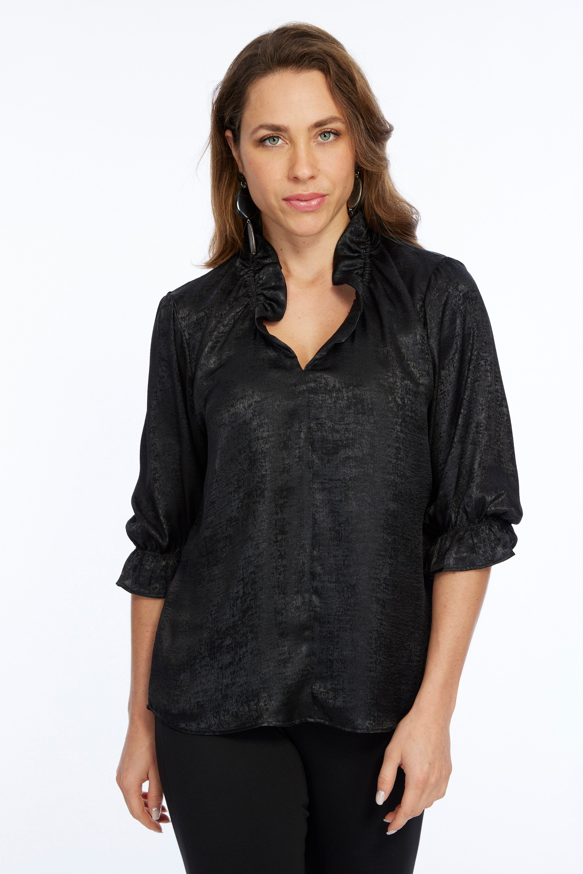 Women's Black Ruffe Neck Metallic Blouse-"Blossom"