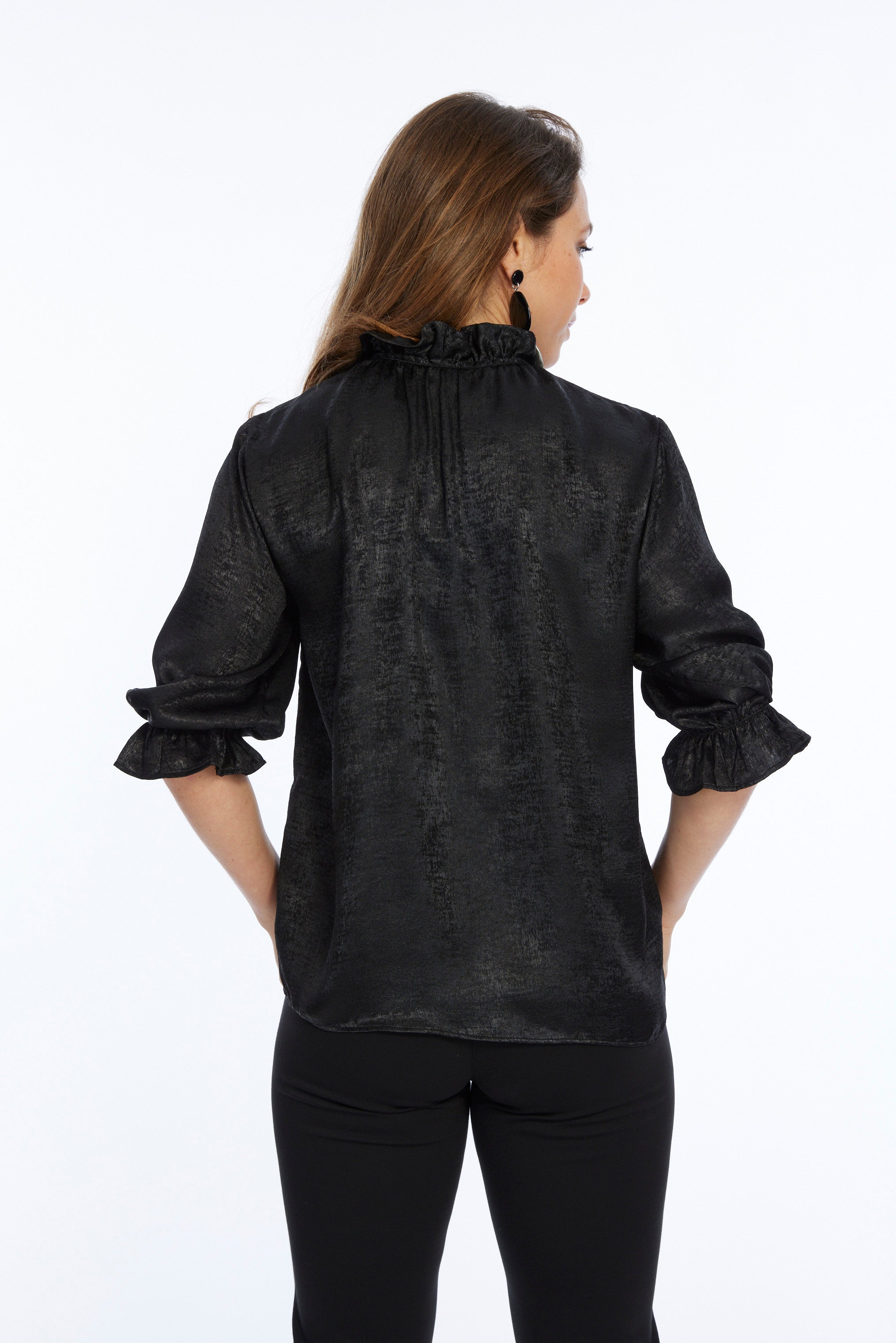 Women's Black Ruffe Neck Metallic Blouse-"Blossom"