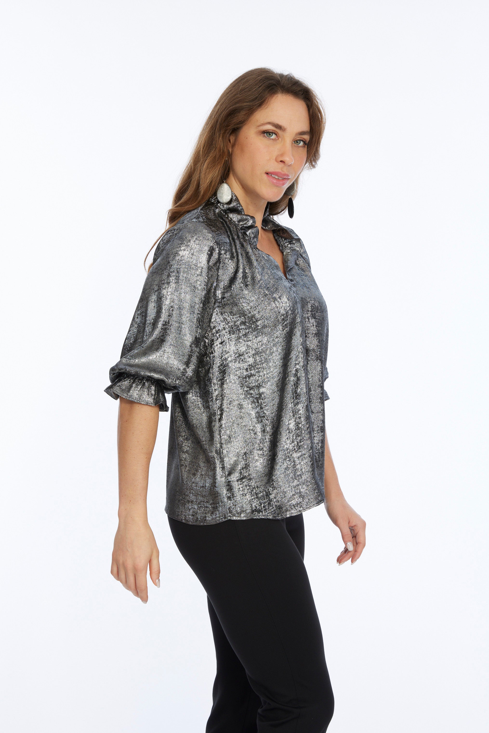 Women's Silver Ruffe Neck Metallic Blouse-"Blossom"
