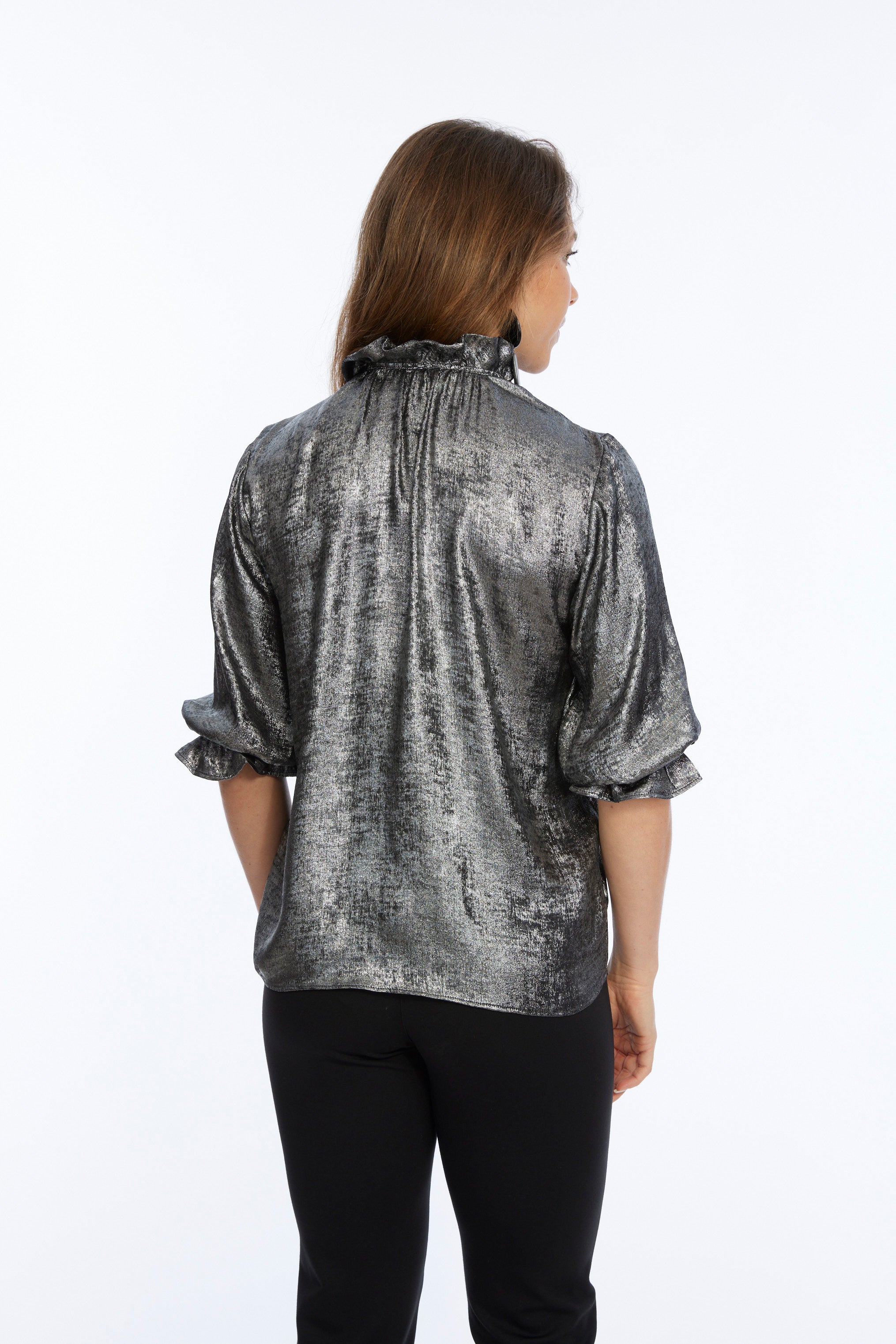 Women's Silver Ruffe Neck Metallic Blouse-"Blossom"