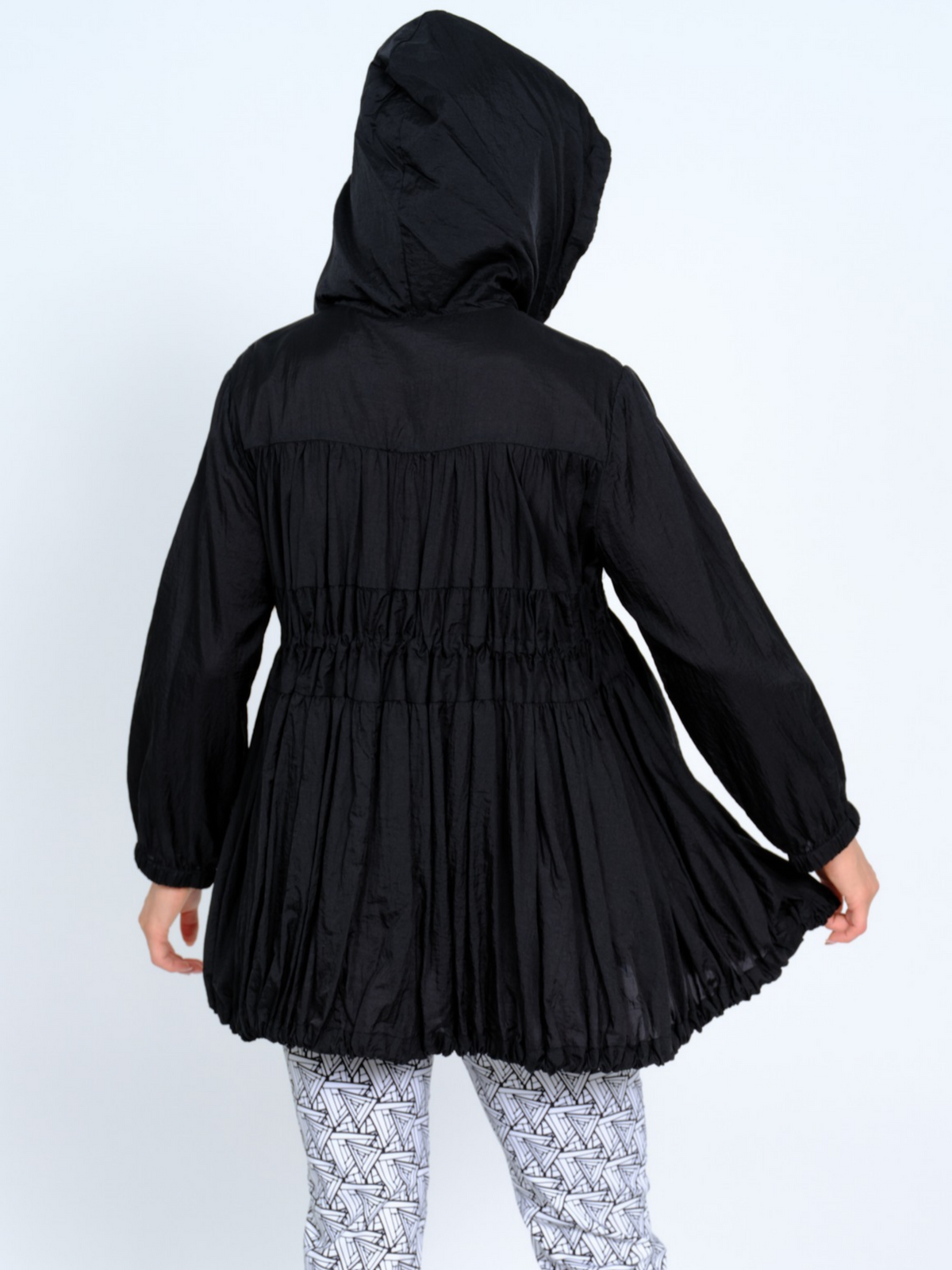 Women's Black Hooded Zip-Front Jacket with Gathered Tiers - "Chantal"
