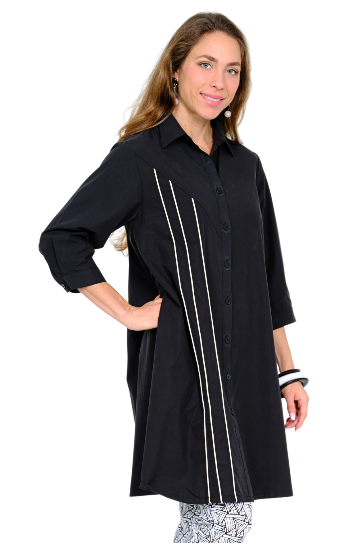 omen’s black Tencel button-front shirt dress with 3/4 sleeve