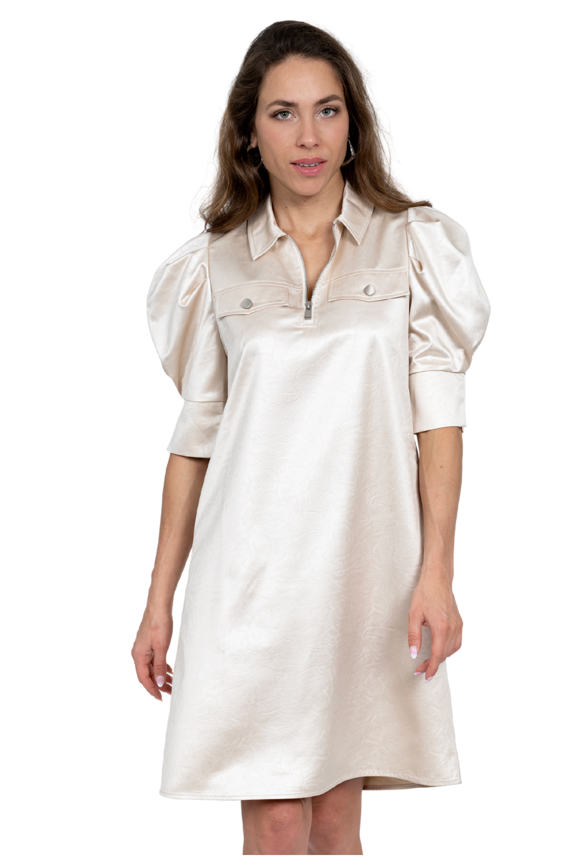 LIOR Women's Ivory Puff Sleeve Satin Dress Zipper Front - "Crema"