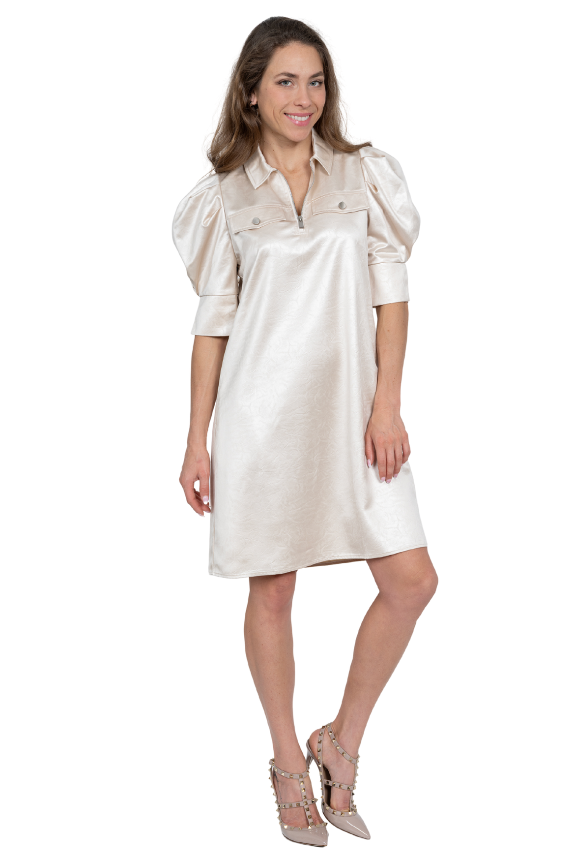 LIOR Women's Ivory Puff Sleeve Satin Dress Zipper Front - "Crema"