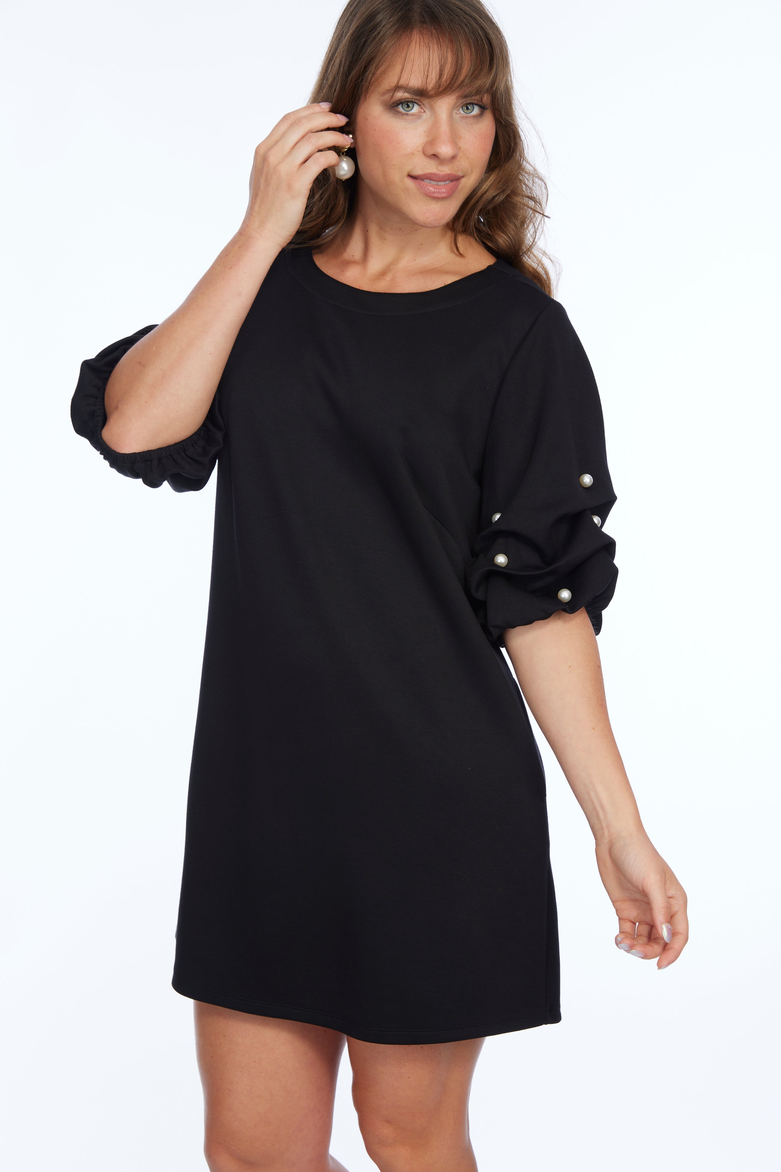 Short Sleeve Soft Knit Black Top With Puff Sleeves | Daffodil