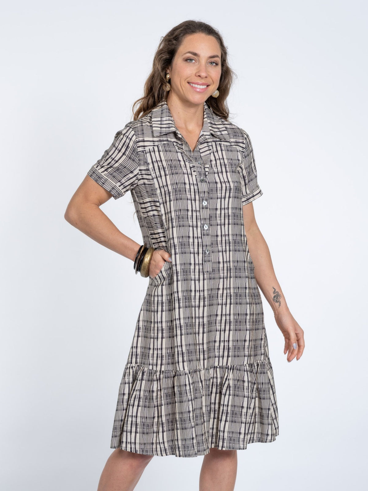 Women's Black & Ecru Tribal Midi Dress with Pocket Details - "Dash"