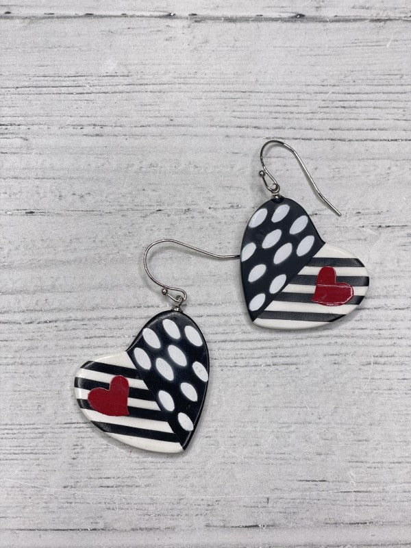 Alisha D Dangle Black White Stripe Red Heart Earrings