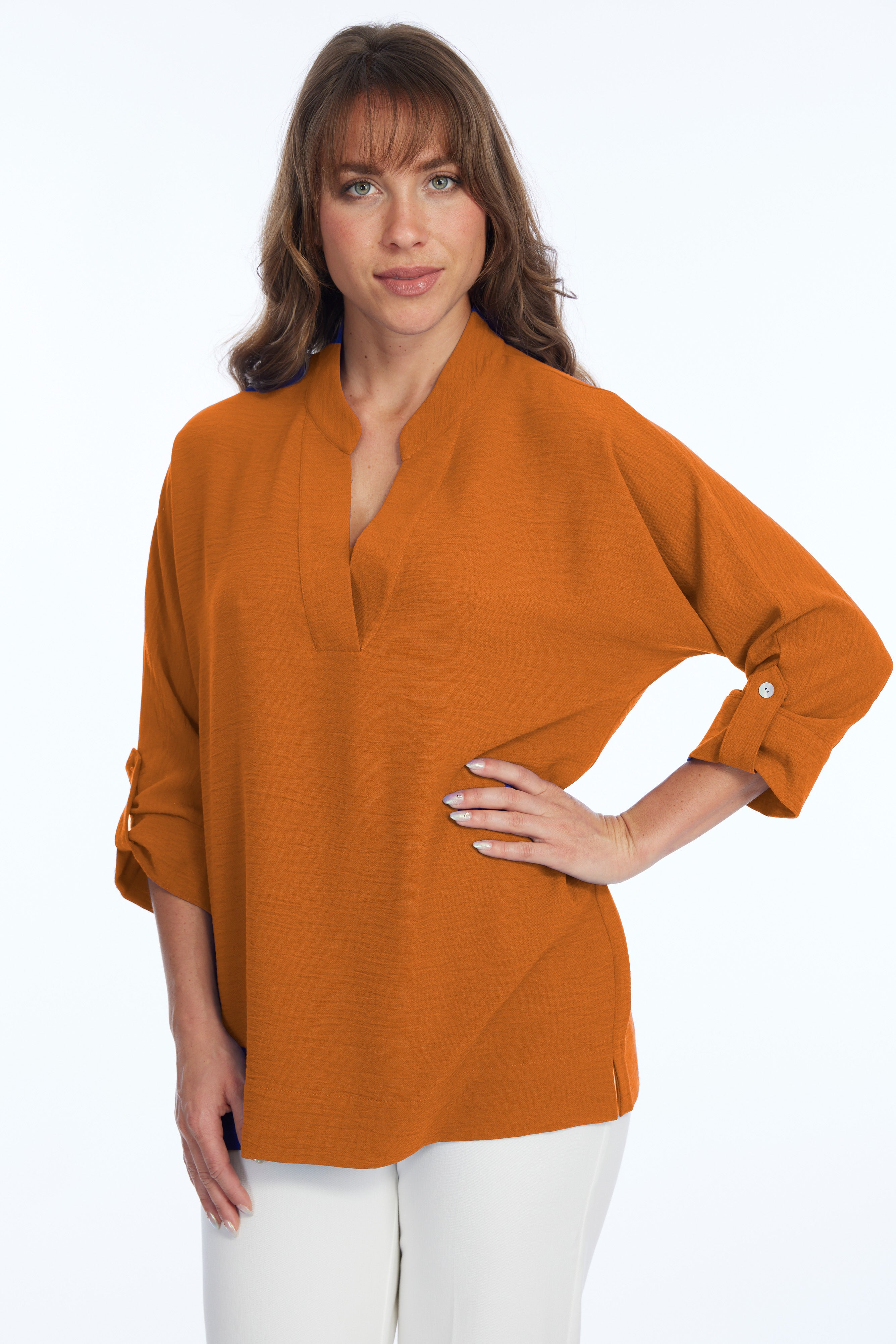 Women's Banded Collar V-Neck 3/4 Roll Tab Sleeve Blouse - Cinnamon | Frida