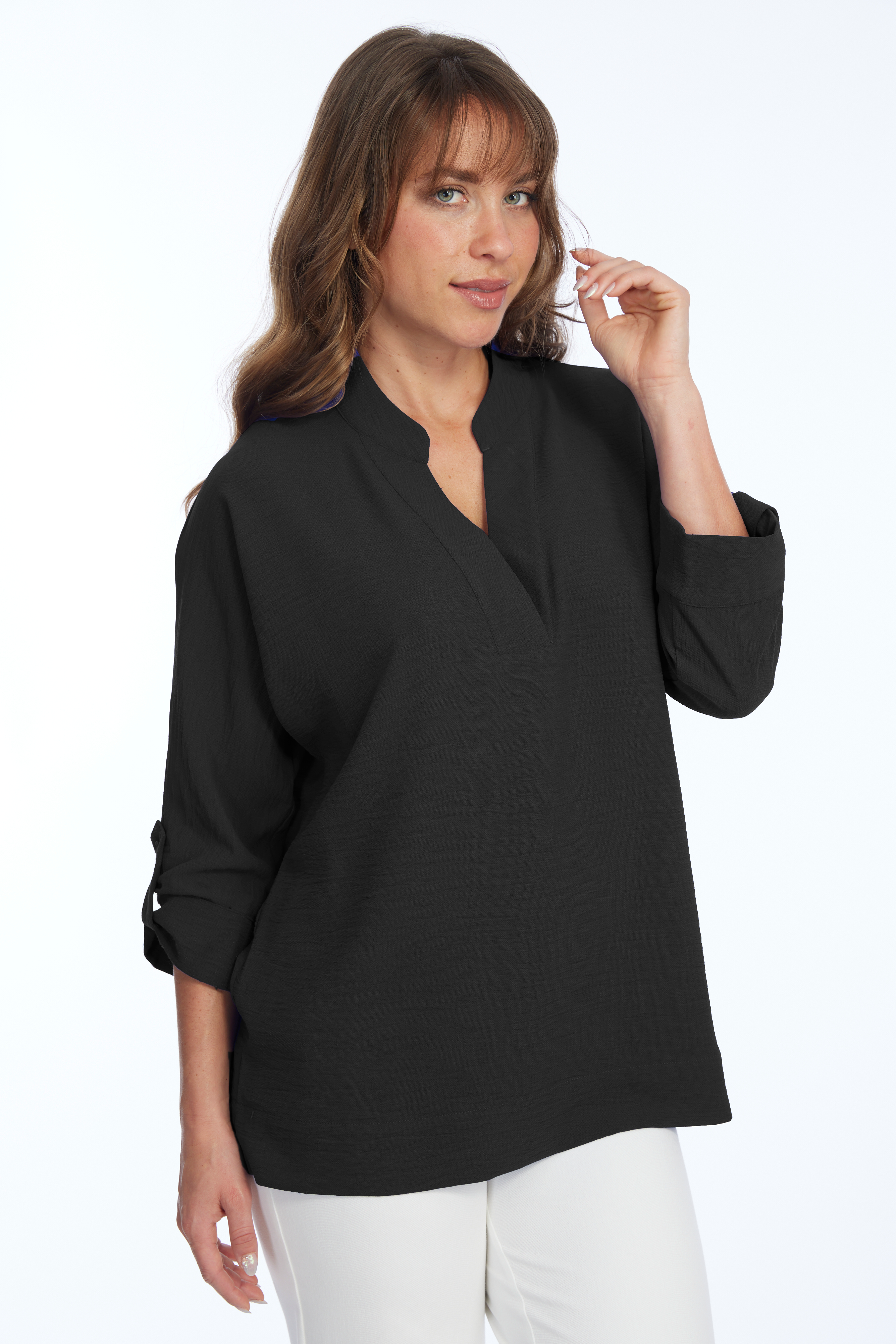 Women's Banded Collar V-Neck 3/4 Roll Tab Sleeve Blouse -Black | Frida