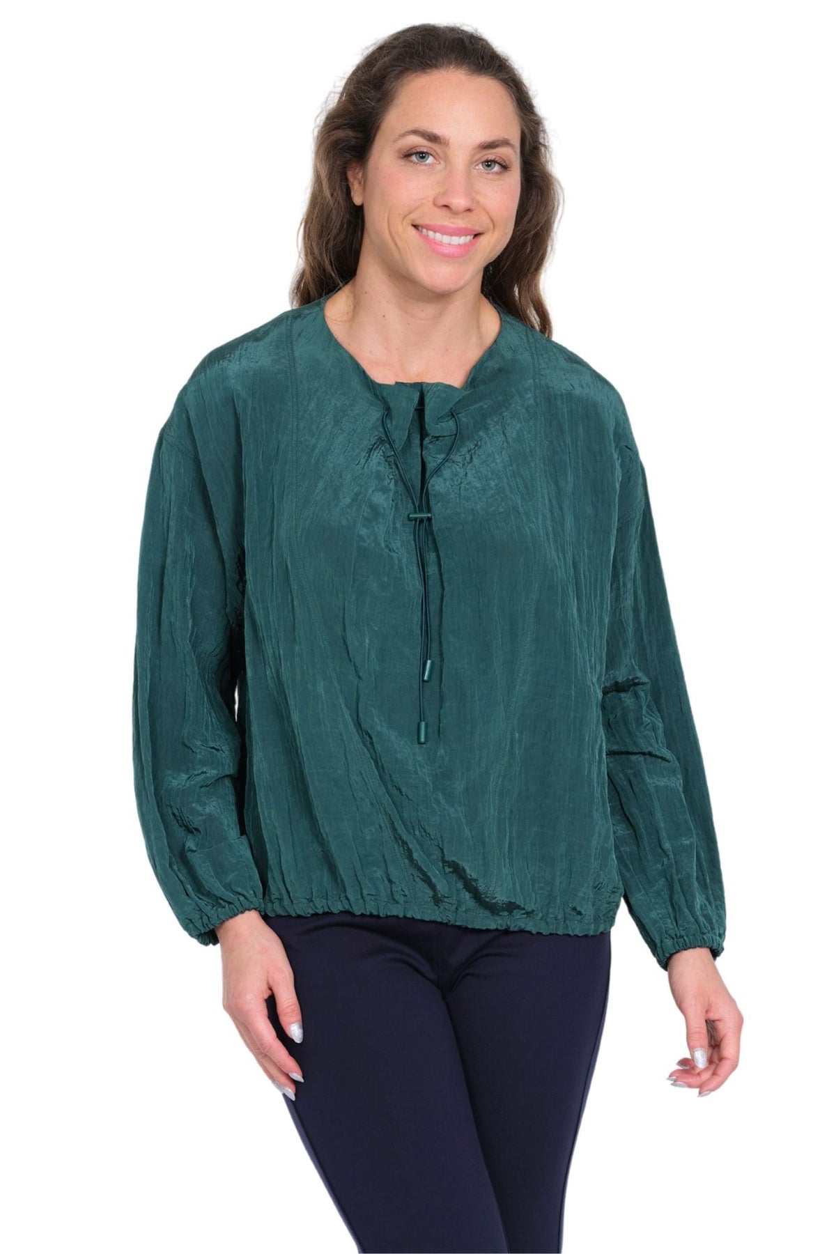 LIOR Women's Gardenia Forest Green Blouse with Toggle Closure Neckline and Long Sleeves