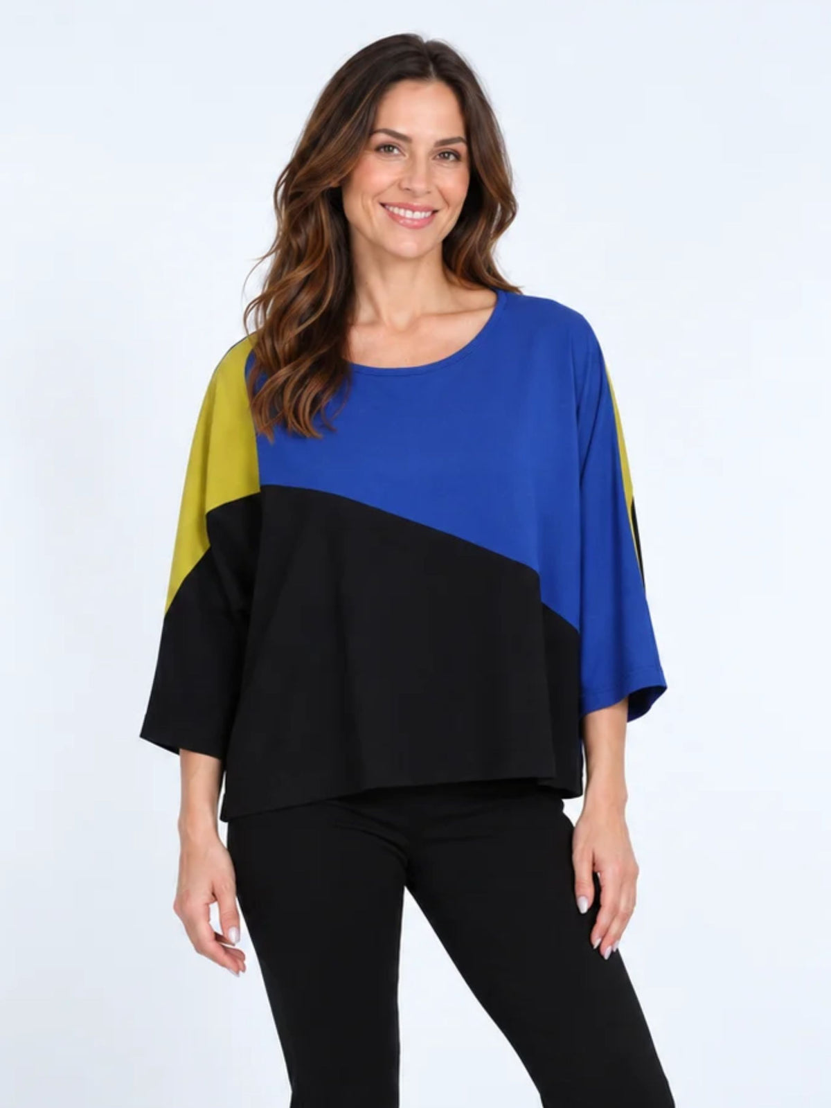 Women's Blue & Lime Color Block One Size Tunic Top - Flowy & Fits All - "Grace"