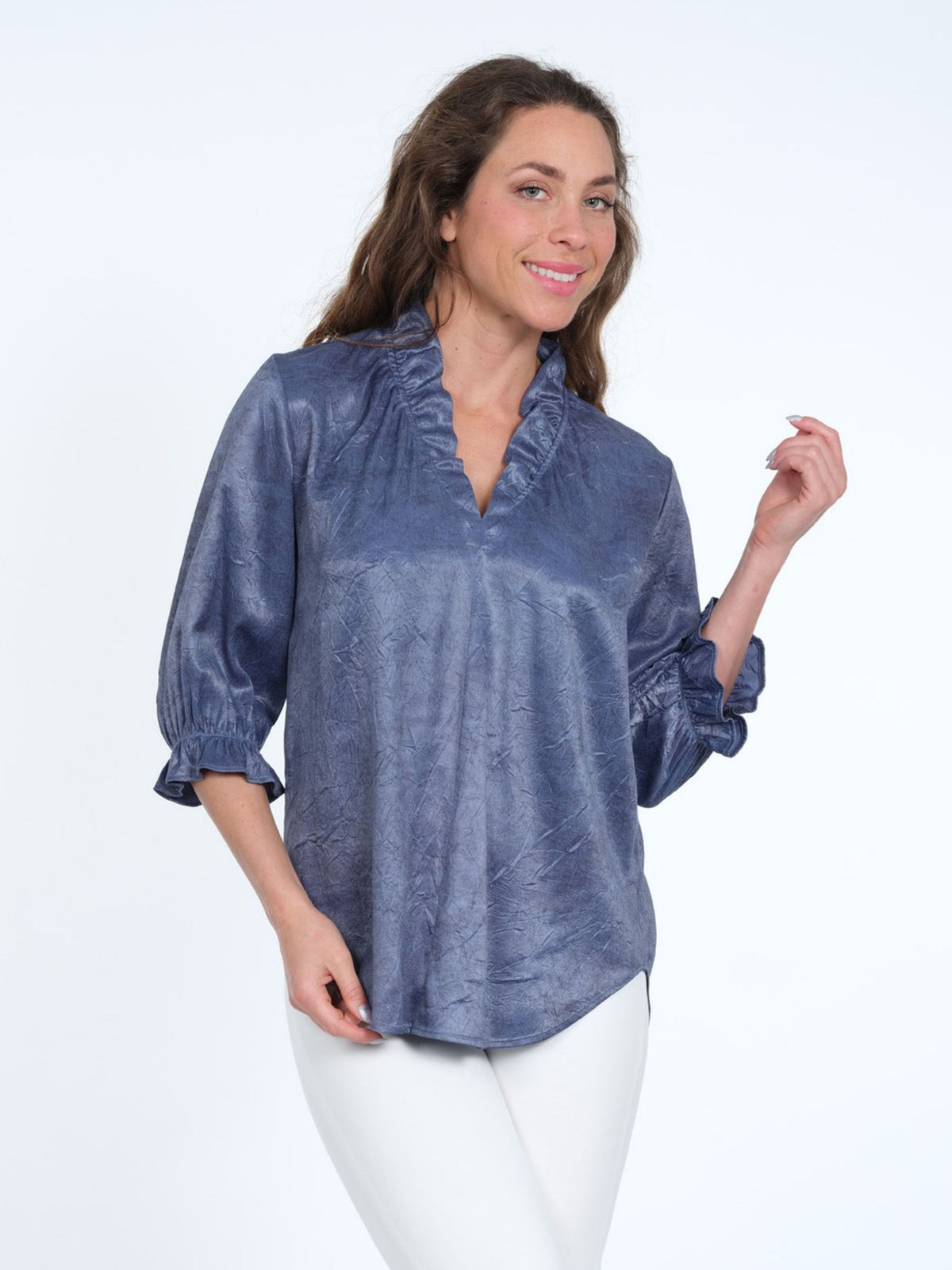 Women's Slate Blue 3/4 Ruffle Neck & V Neck Curve Hem Blouse - "Hailey"