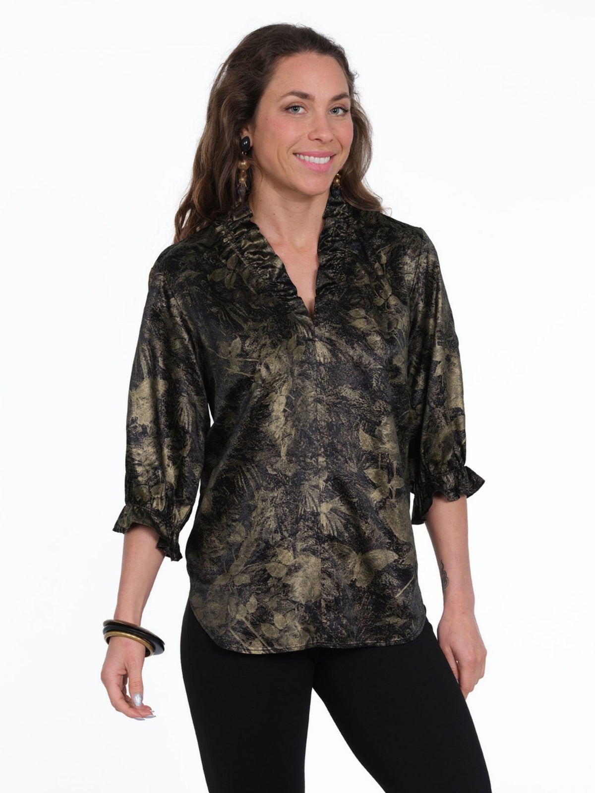 Women's Black & Gold Botanical Ruffle Neck & V Neck 3/4 Sleeve Curve Hem Blouse - "Hailey"