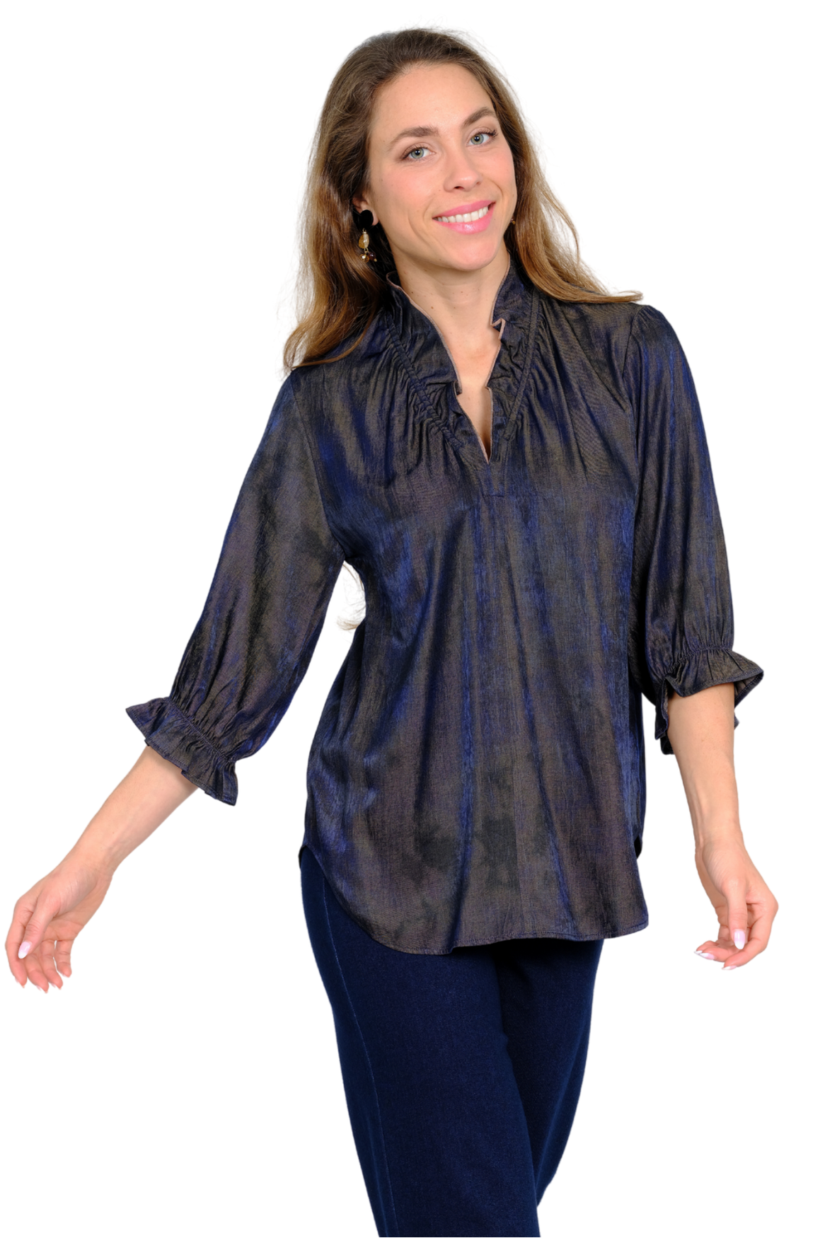 LIOR Women's Navy Shimmer Ruffle Neck 3/4 Sleeve Blouse - "Hailey"
