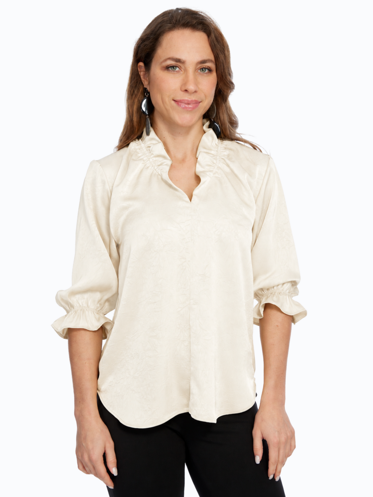 LIOR Women's Ivory Premium Satin 3/4 Ruffle Sleeve Blouse - Hailey