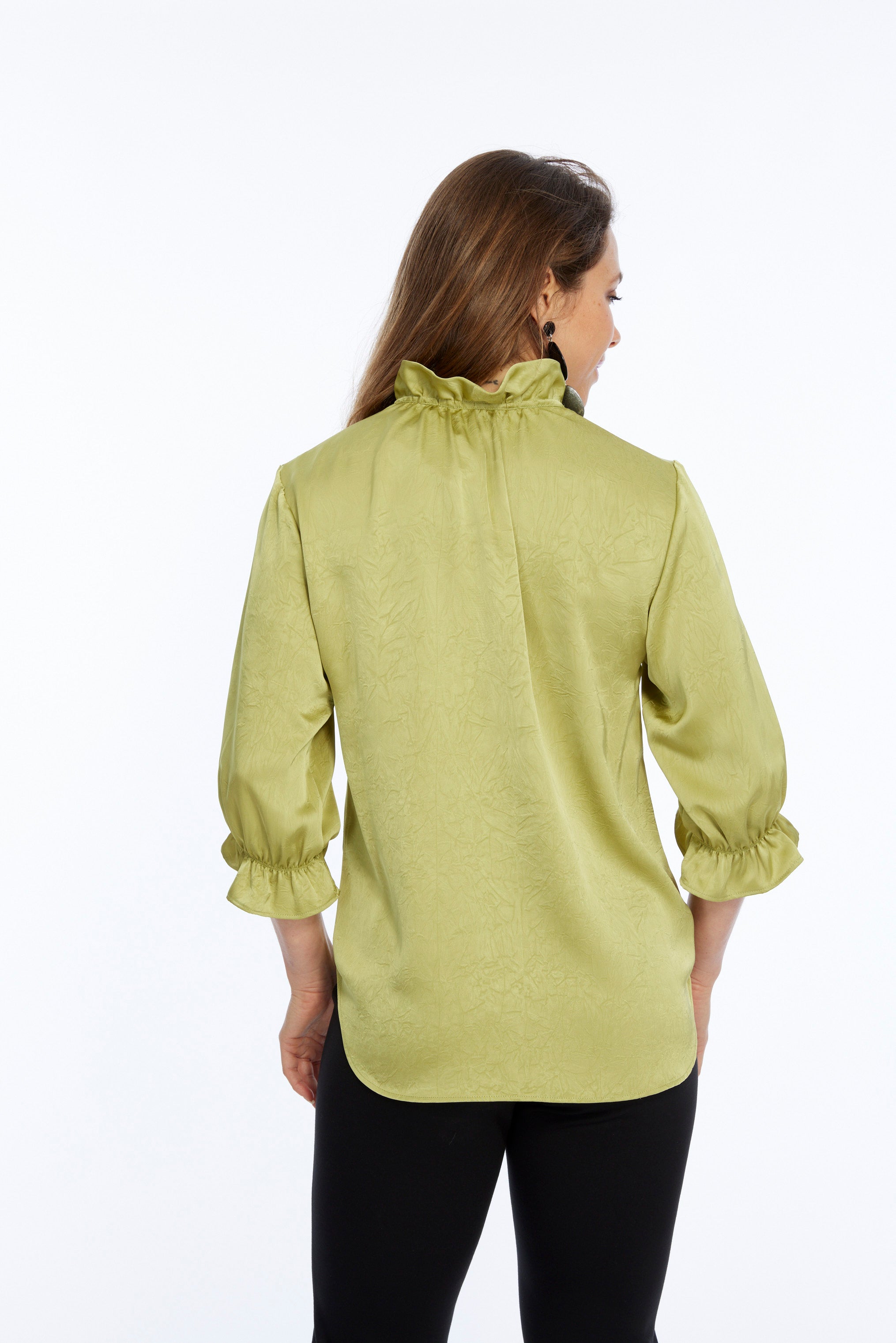 LIOR Women's Leaf Green Premium Satin 3/4 Ruffle Sleeve Blouse - Hailey