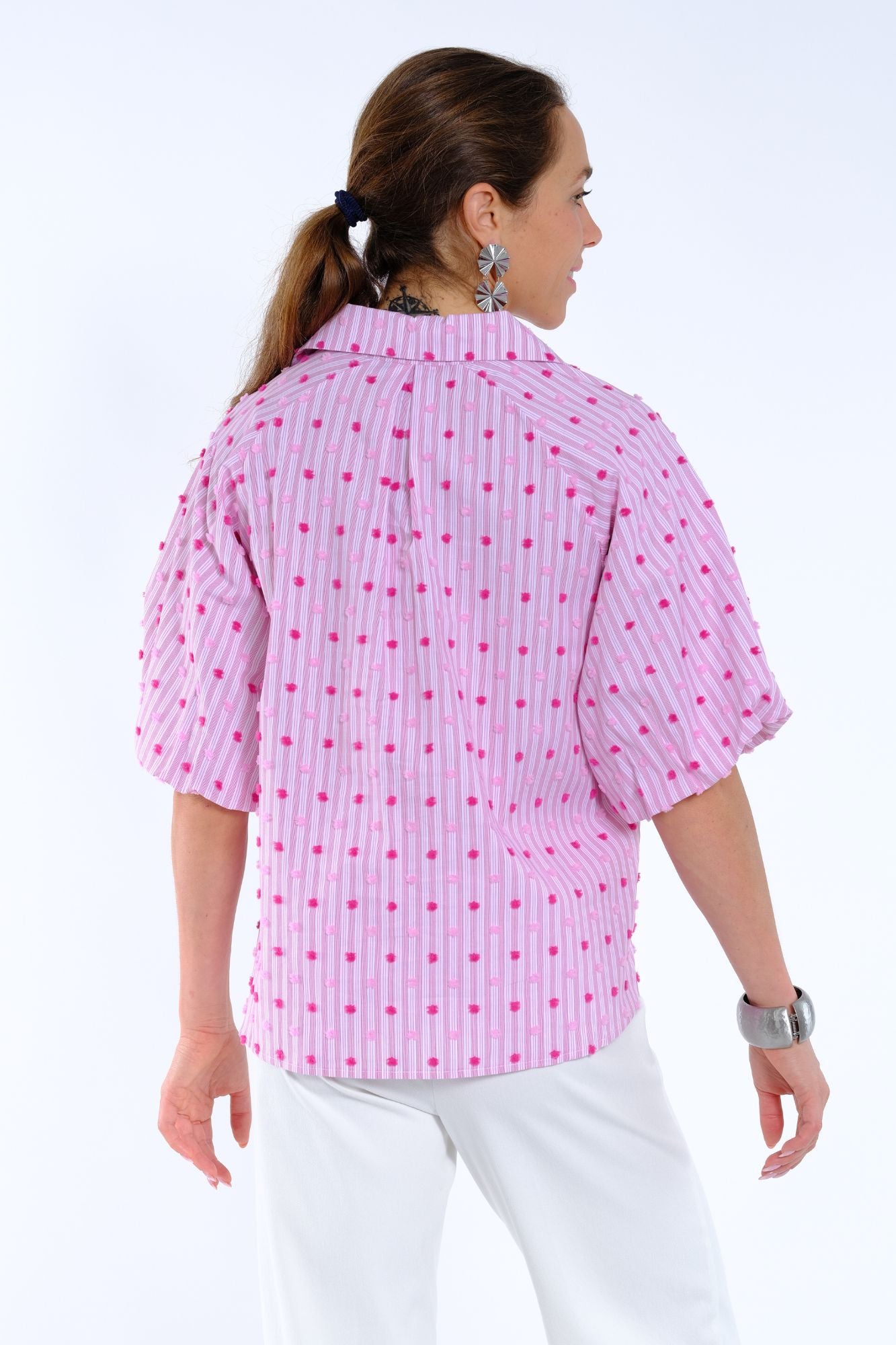 Lior Women's Pink Short Puff Sleeve Collar Striped Textured Shirt - "HALO"