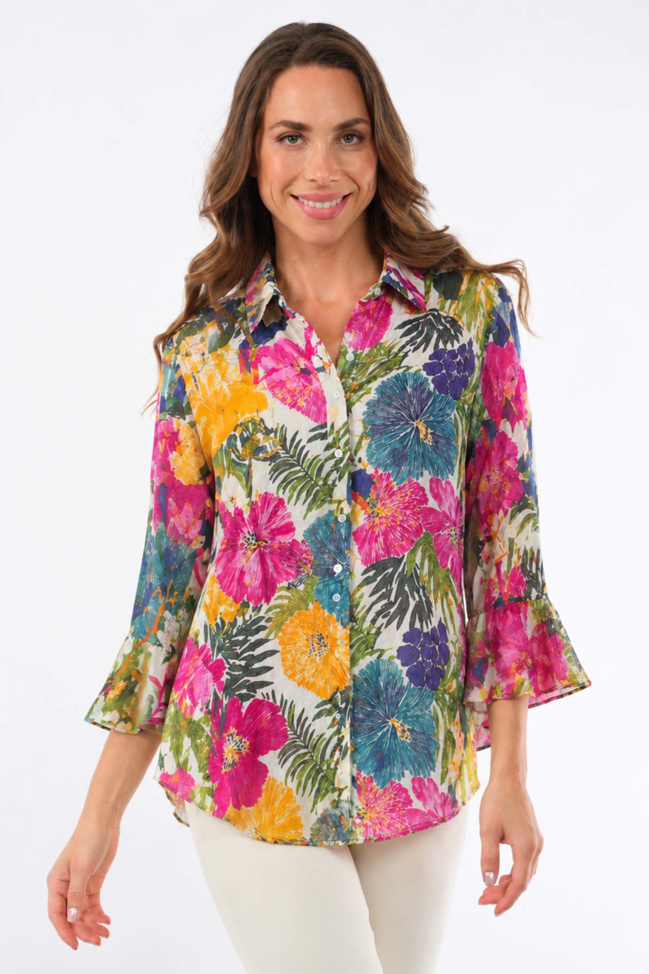 Lior Women's Floral Button Front with 3/4 Bell Sleeves & Flounce Sides - "HAPPY"