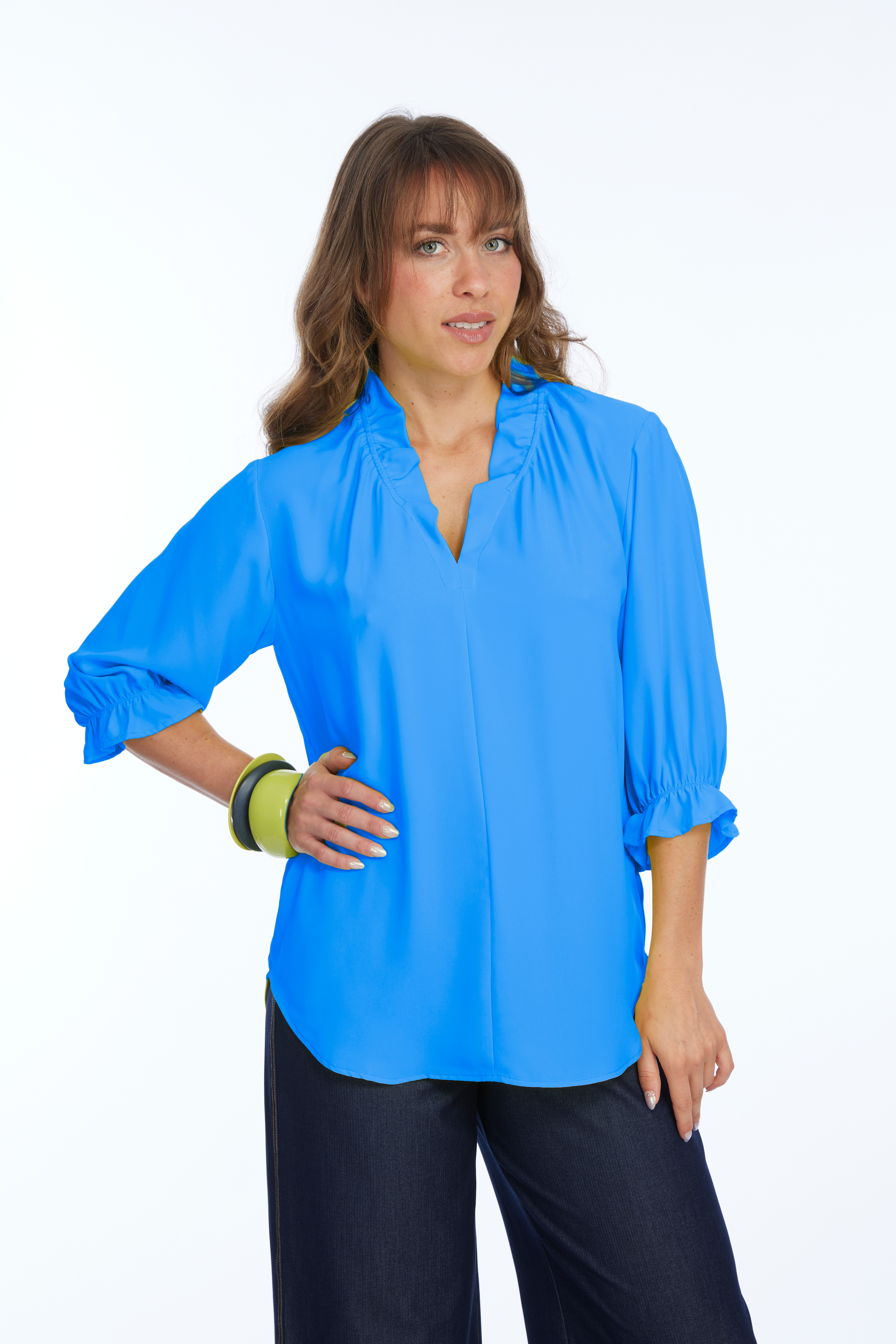 Women's 3/4 Ruffle Sleeve & V-Neck Blouse - Turquiose | Harper LIOR