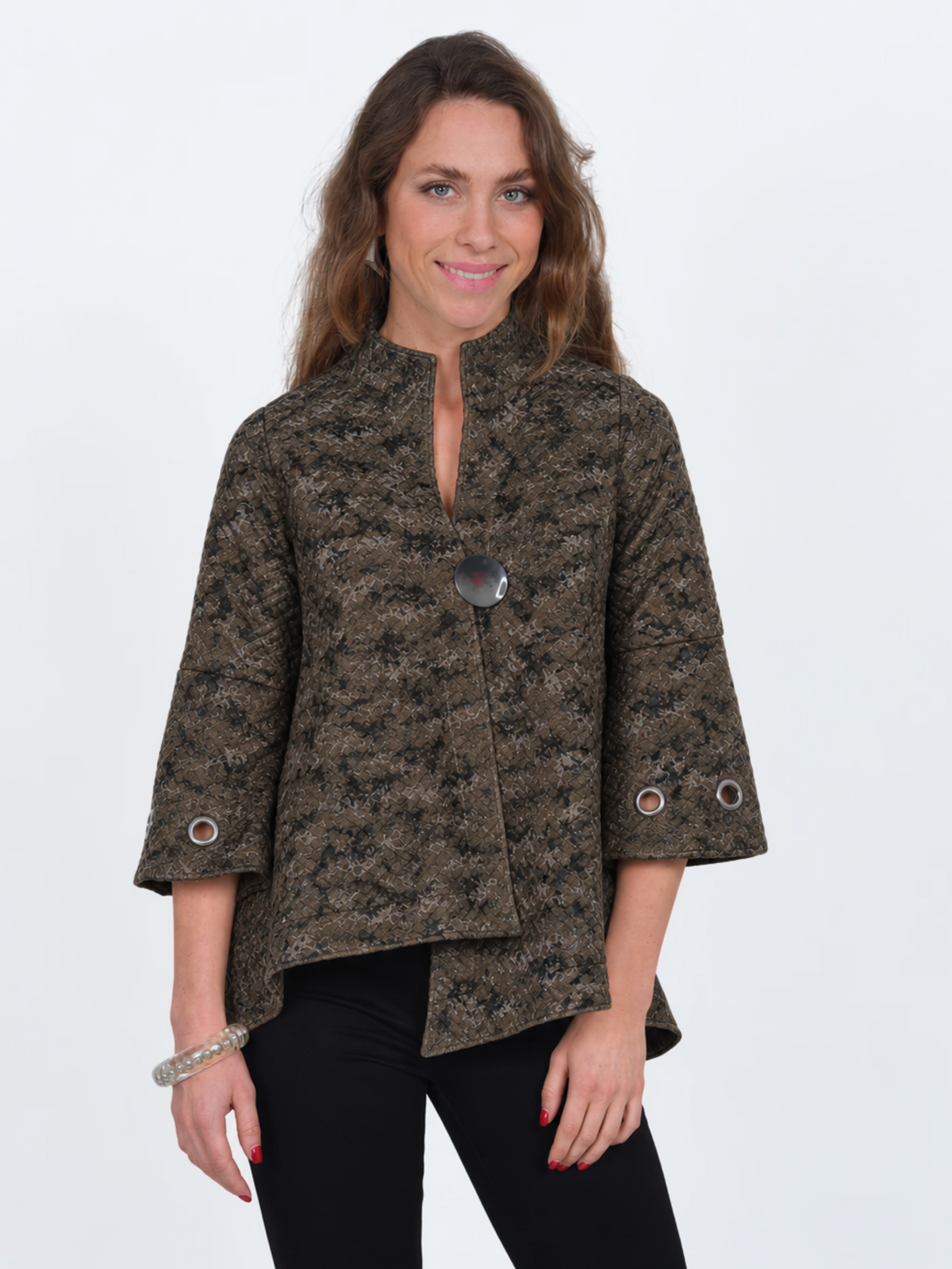 Women's Textured Asymmetrical Jacket with Grommet Sleeves - "Jade"