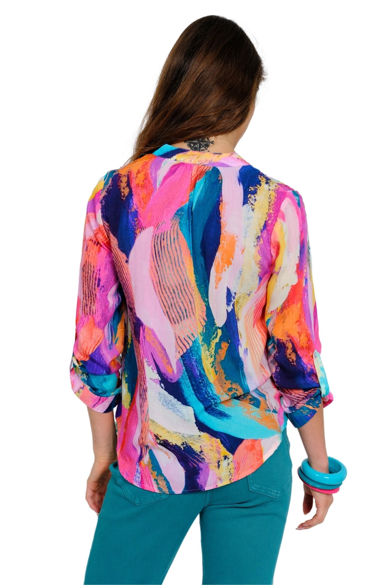 Colorful casual printed top for women with split neckline