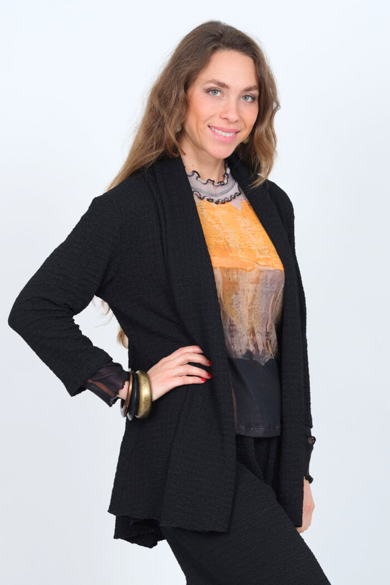 Women's Black Waffle Knit Cardigan Long Sleeves - "Kit"