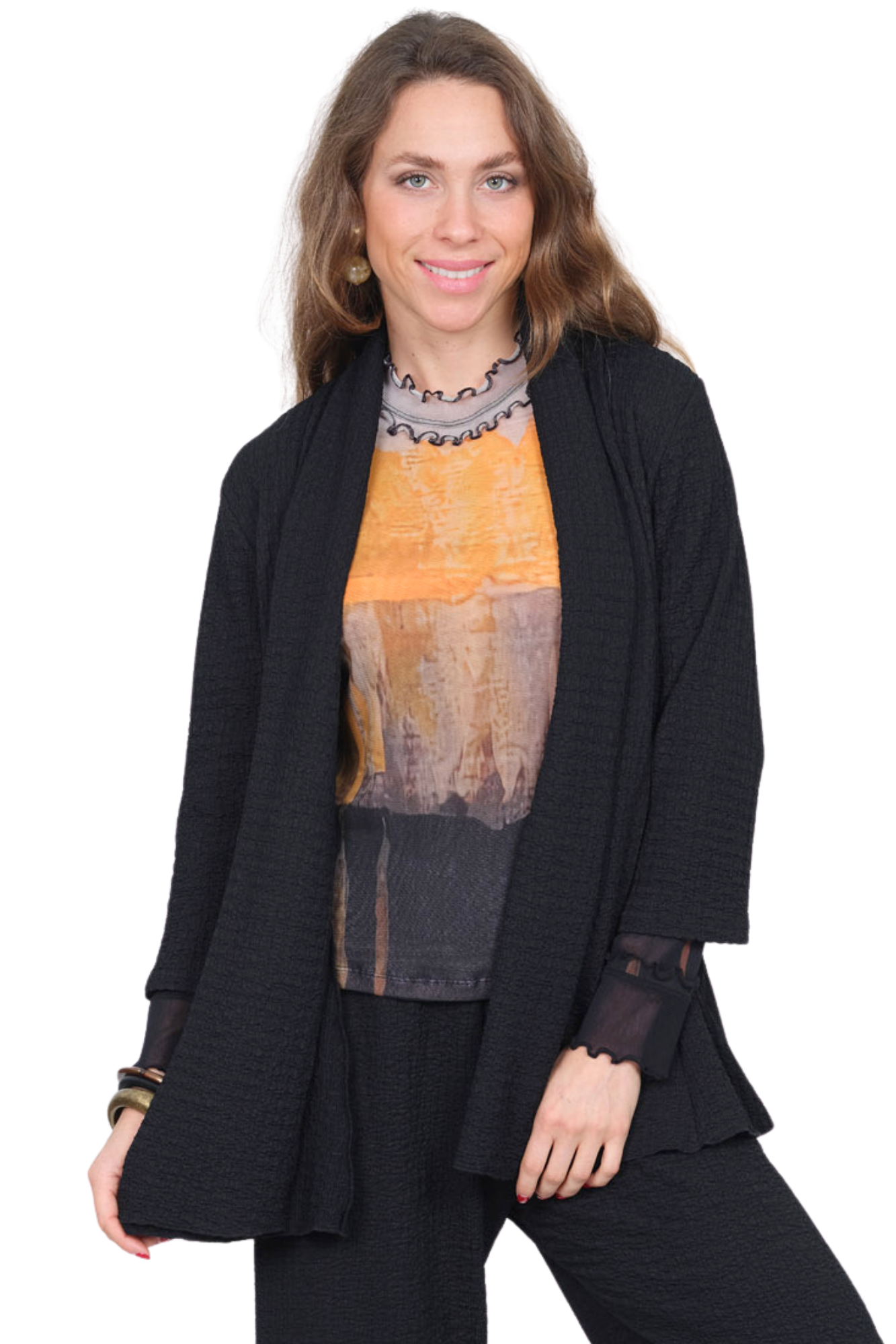 Women's Black Waffle Knit Cardigan Long Sleeves - "Kit"