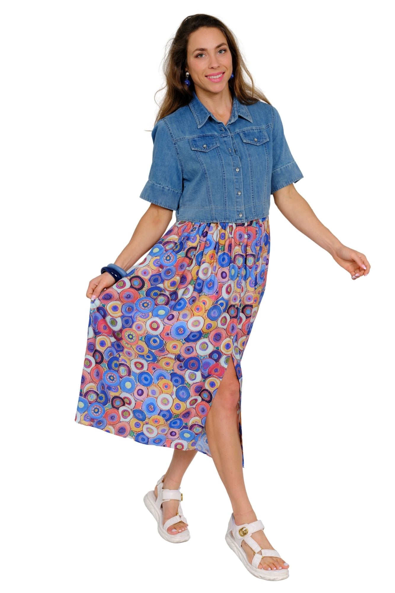 Denim mixed print maxi dress for women with flowy silhouette and colorful abstract print skirt