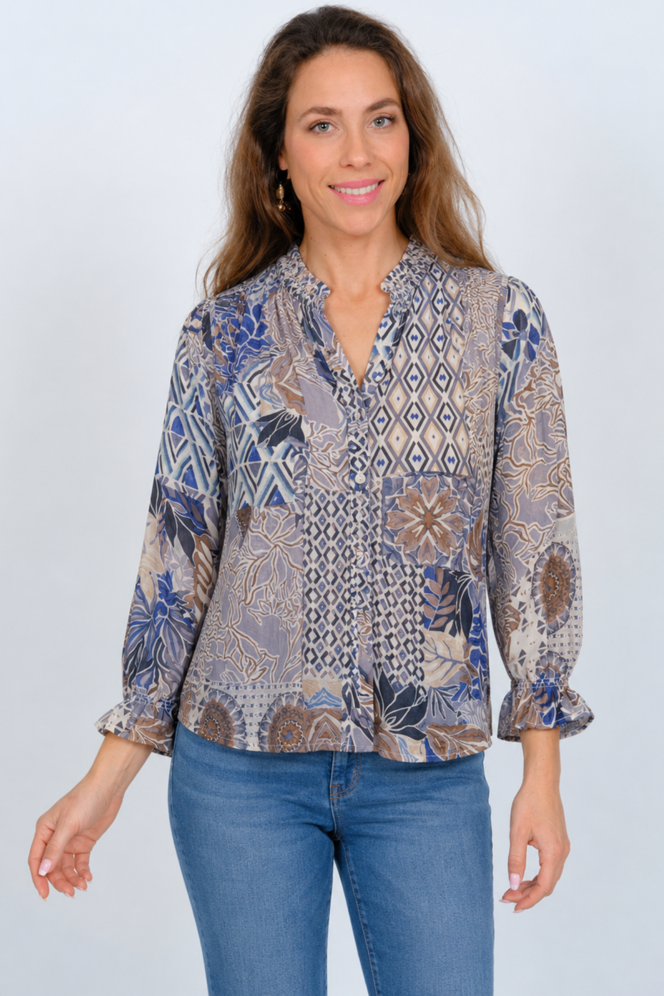 Lior Women's Blue Geo Mixed Print Chiffon Blouse With Long Ruffle Cuff Sleeves - "KOREEN"