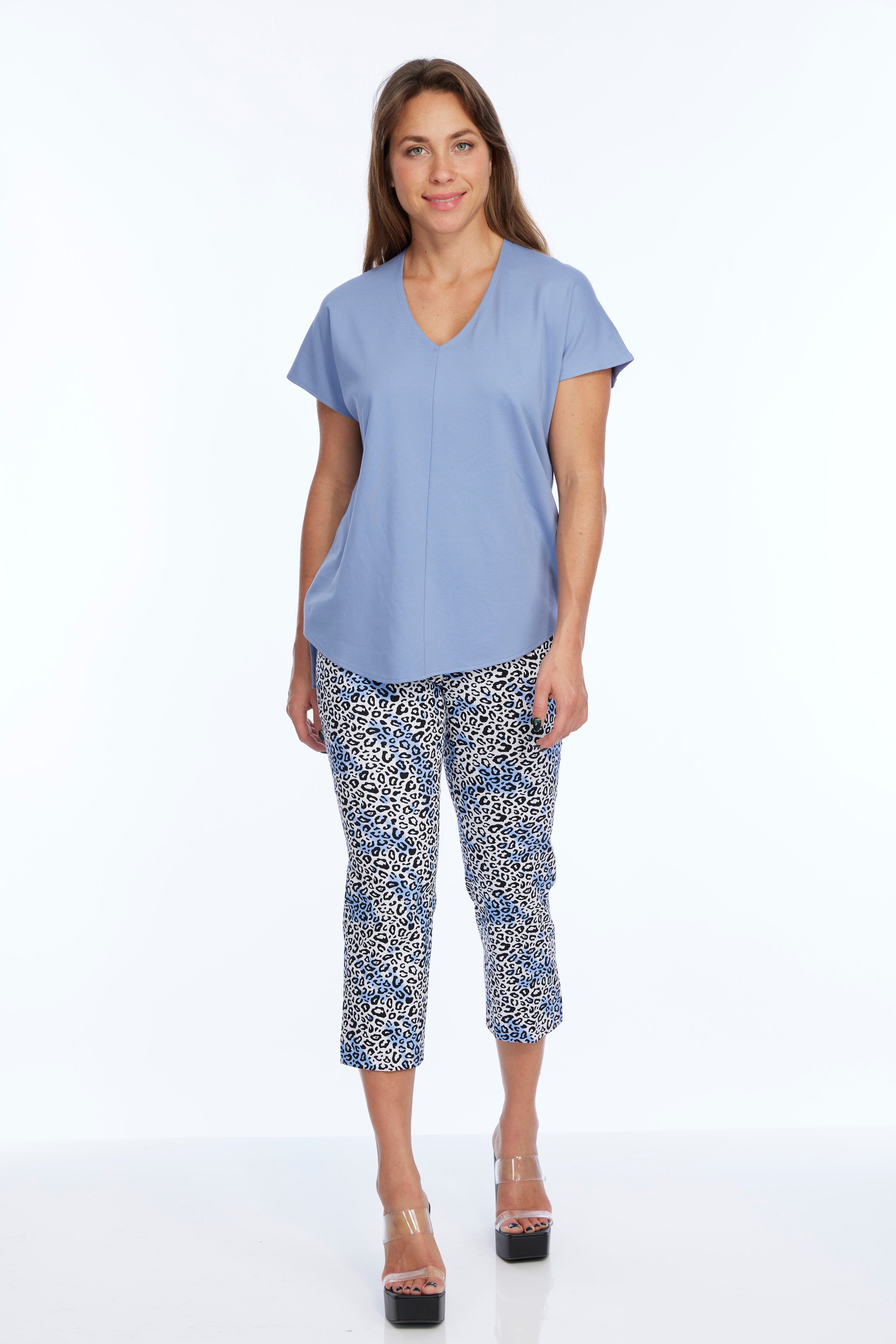 Women's Premium Short Sleeve Knit Steel Blue Top Zoe LIOR